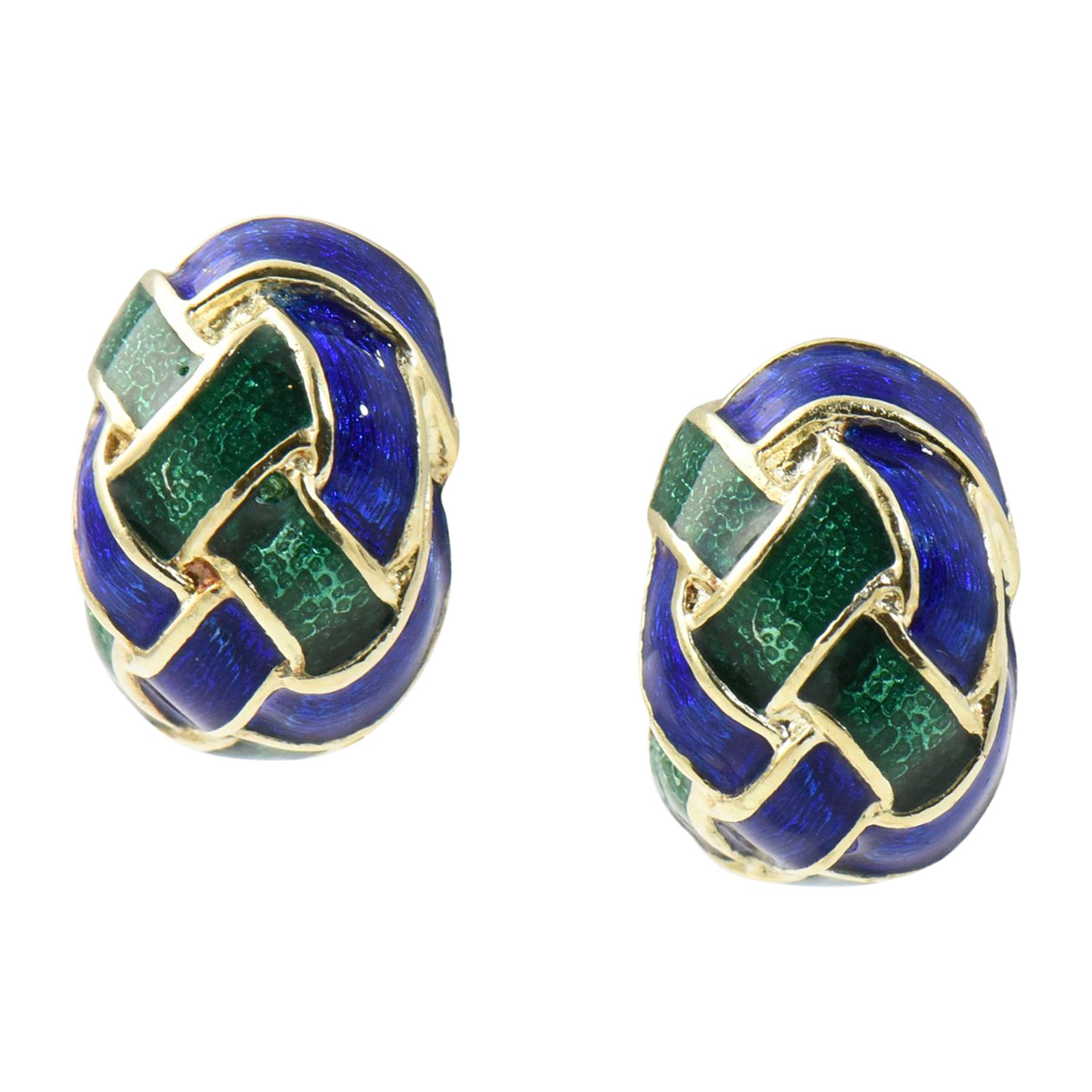 1970s Woven Green and Blue Enamel Gold Earrings For Sale