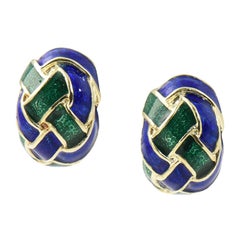 Vintage 1970s Woven Green and Blue Enamel Gold Earrings