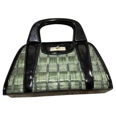 1970s Woven Green Straw and Black Leather Italian Top Handle Bag