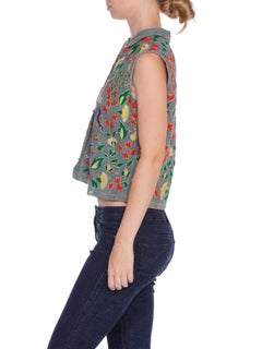 1940S Blue Wool & Brass Handmade Lace Floral Sleeveless Top