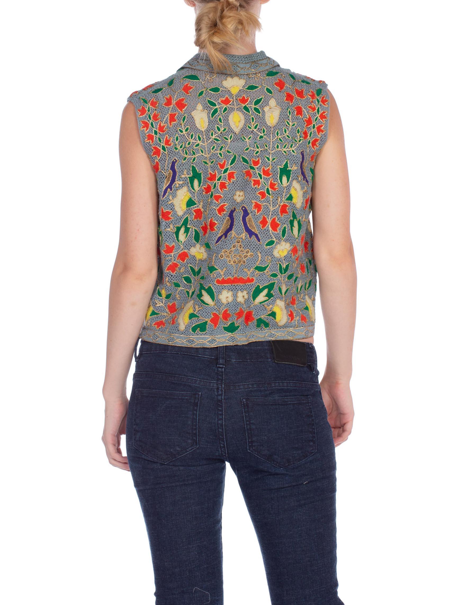 1940S Blue Wool & Brass Handmade Lace Floral Sleeveless Top In Excellent Condition In New York, NY