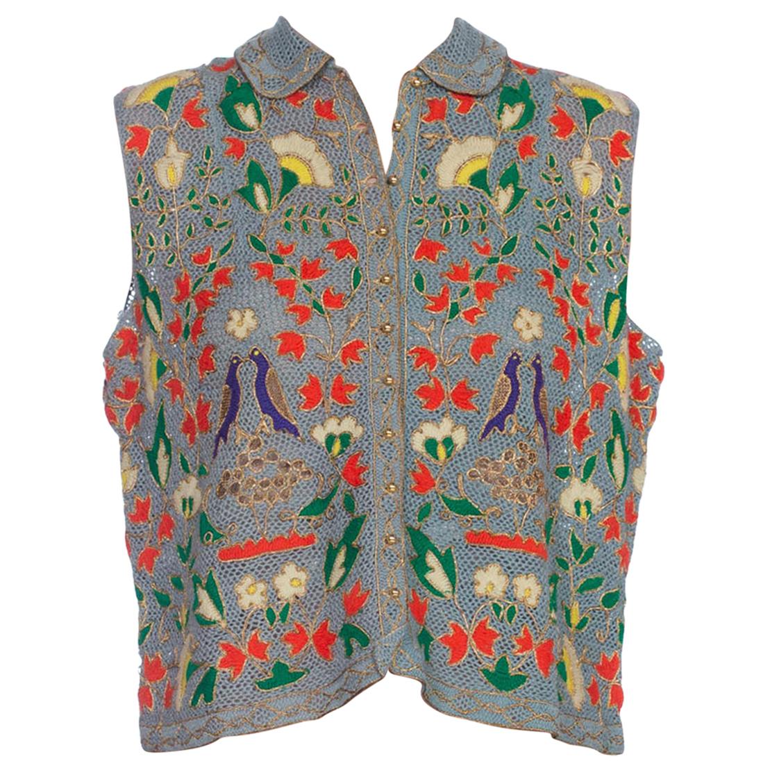 1940S Blue Wool & Brass Handmade Lace Floral Sleeveless Top