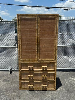 1970s Woven Rattan Cane Armoire Wardrobe Storage Cabinet