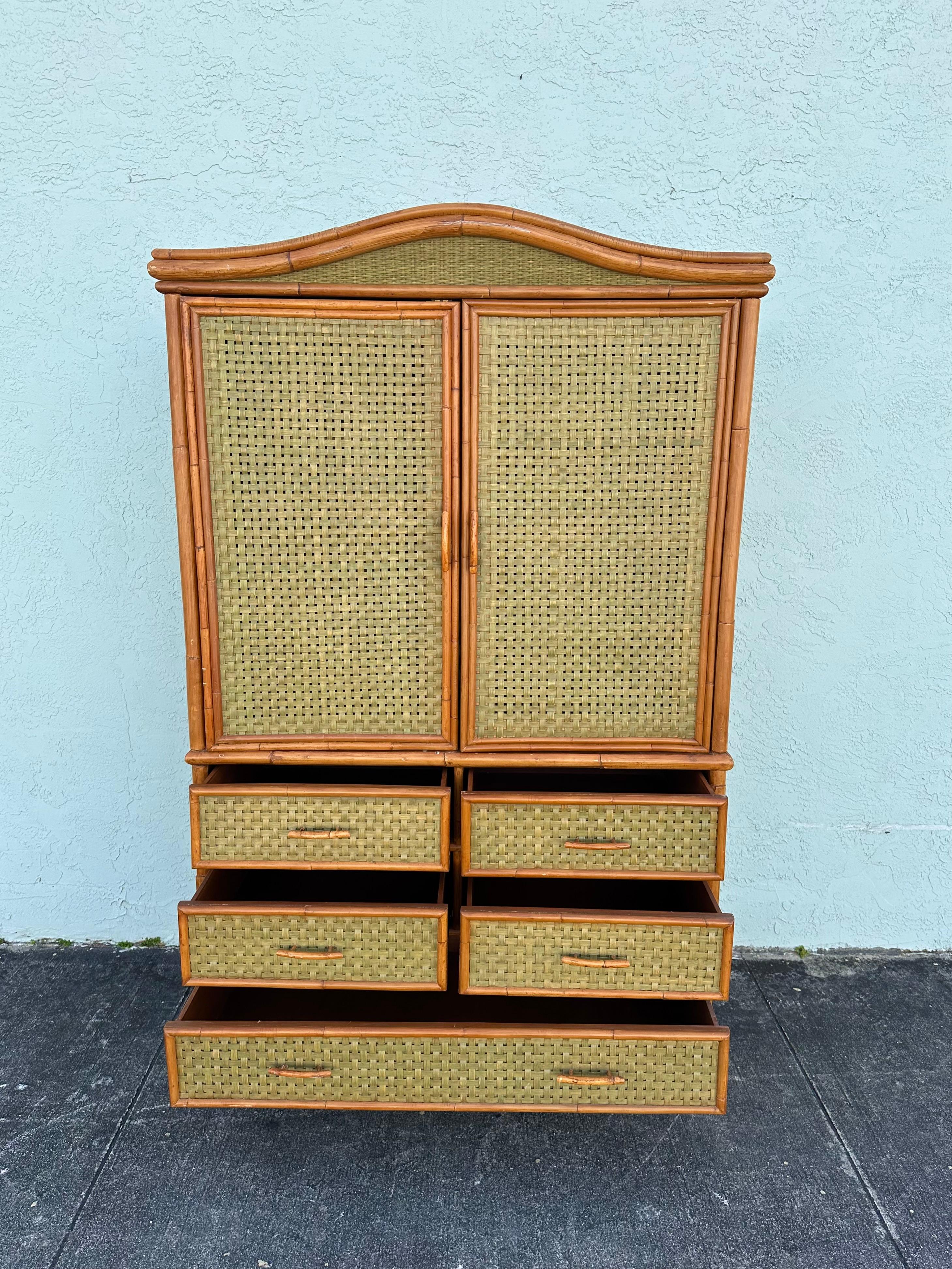 1970s Woven Rattan Green Arch Armoire Wardrobe Storage Cabinet For Sale 4