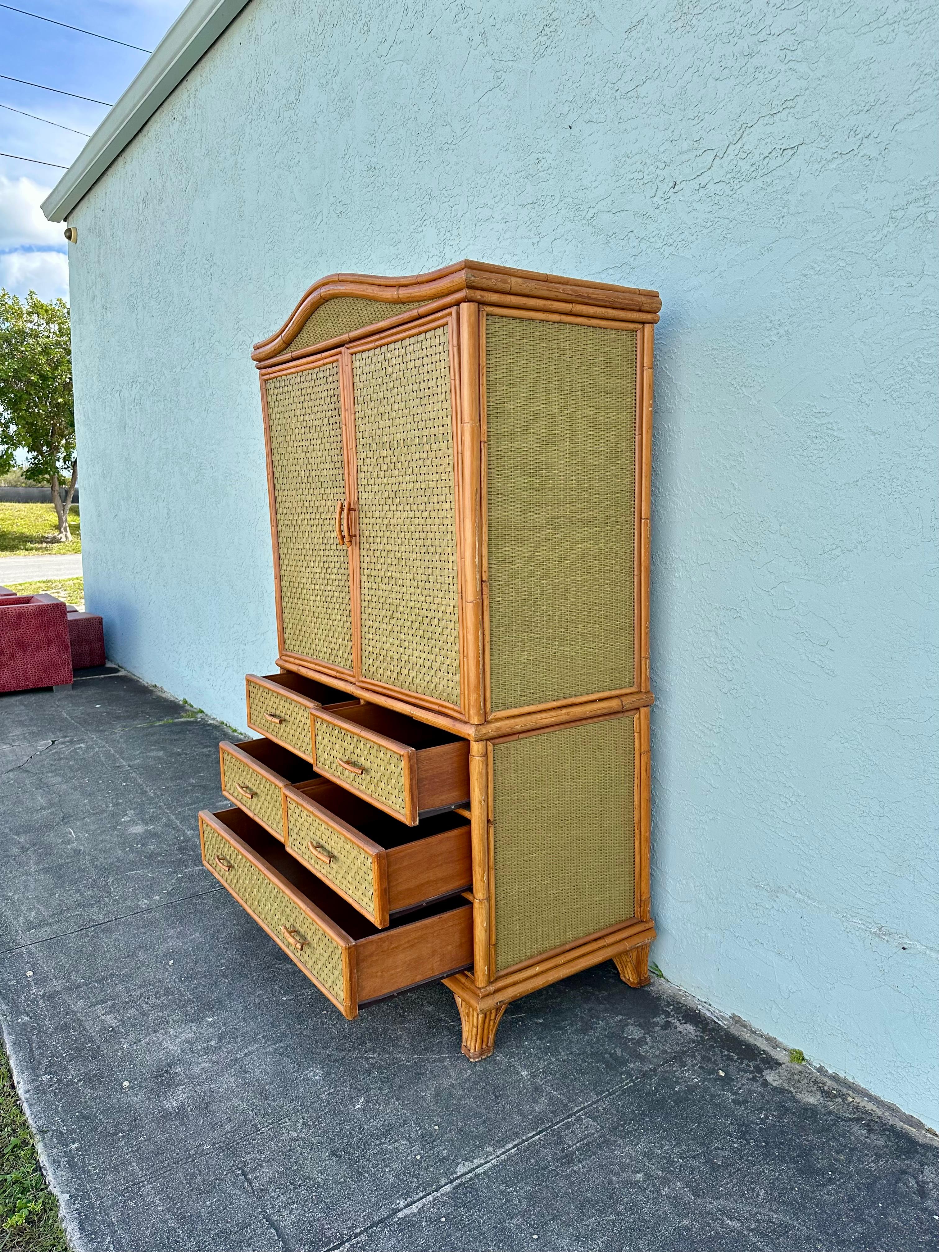 1970s Woven Rattan Green Arch Armoire Wardrobe Storage Cabinet For Sale 5