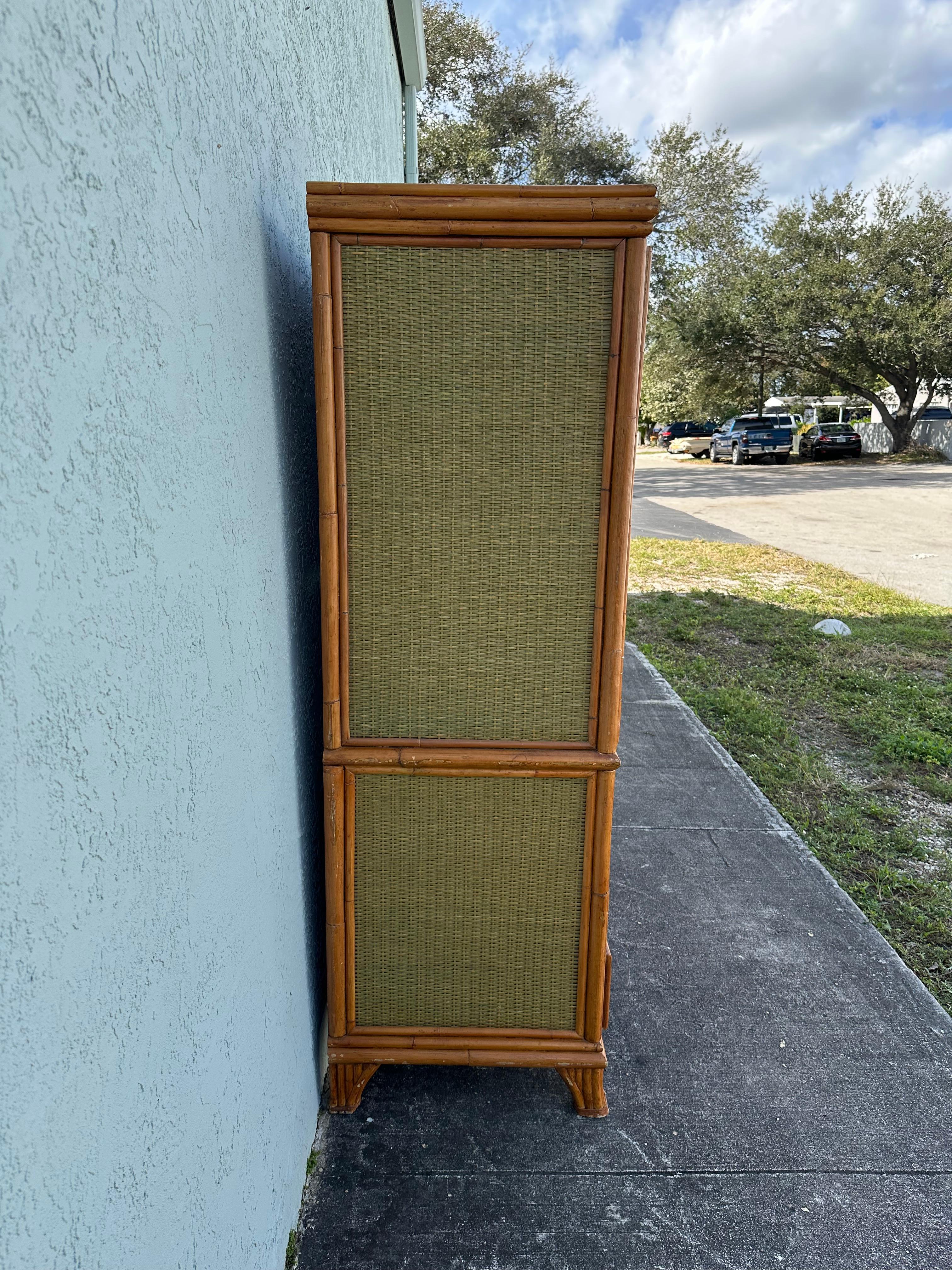 1970s Woven Rattan Green Arch Armoire Wardrobe Storage Cabinet For Sale 7