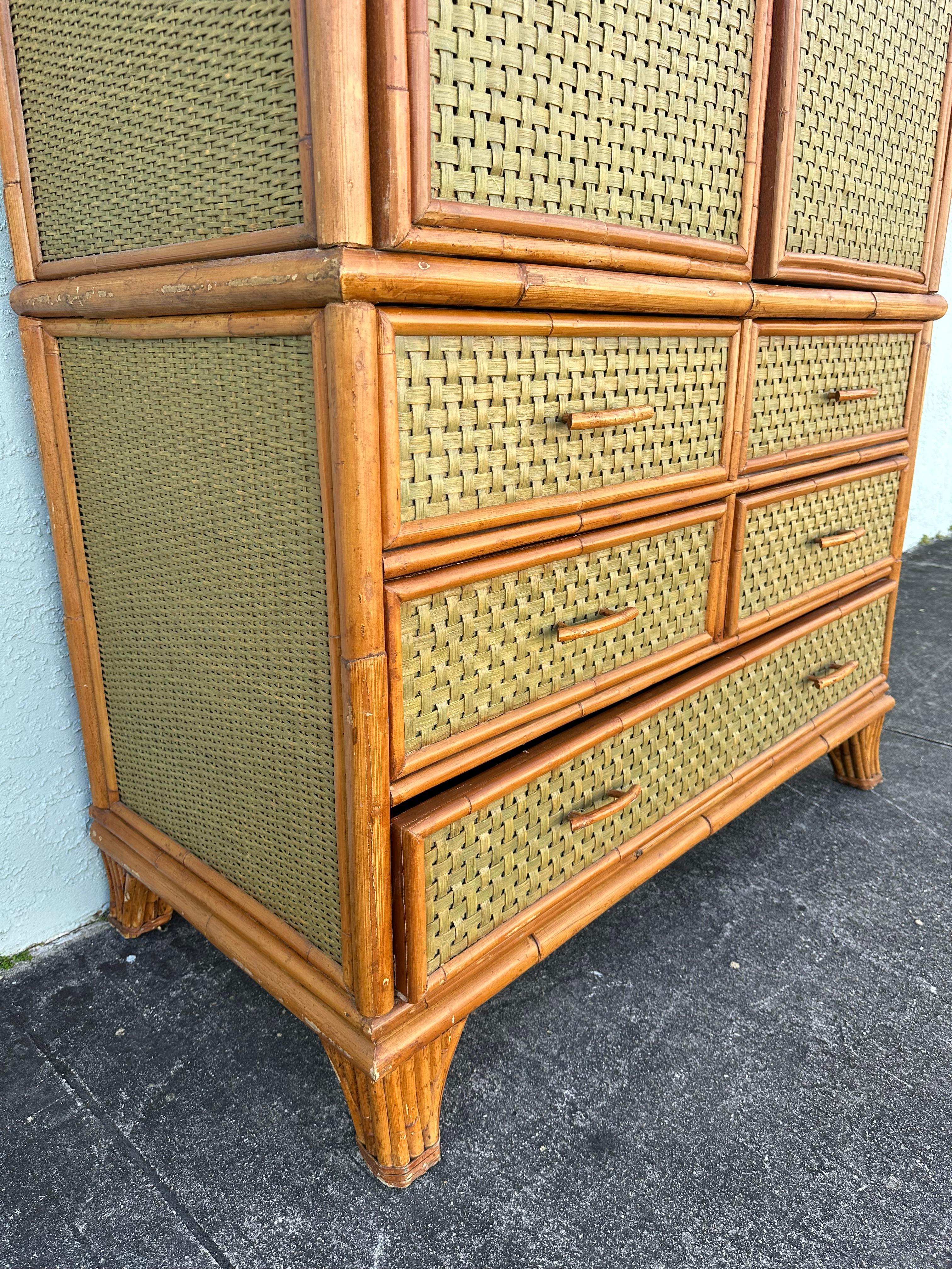 1970s Woven Rattan Green Arch Armoire Wardrobe Storage Cabinet For Sale 10