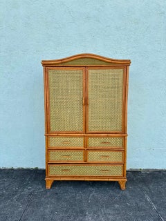 1970s Woven Rattan Green Arch Armoire Wardrobe Storage Cabinet