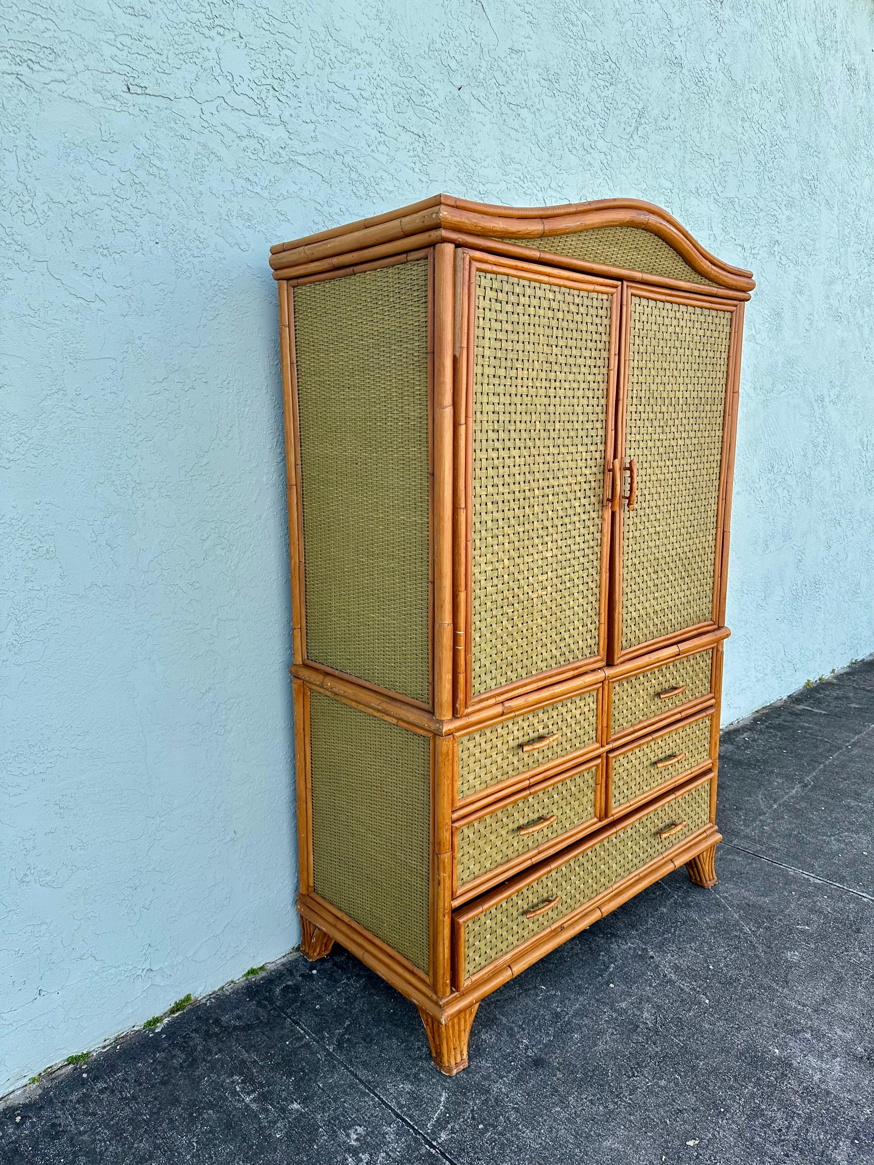 Bohemian 1970s Woven Rattan Green Arch Armoire Wardrobe Storage Cabinet For Sale