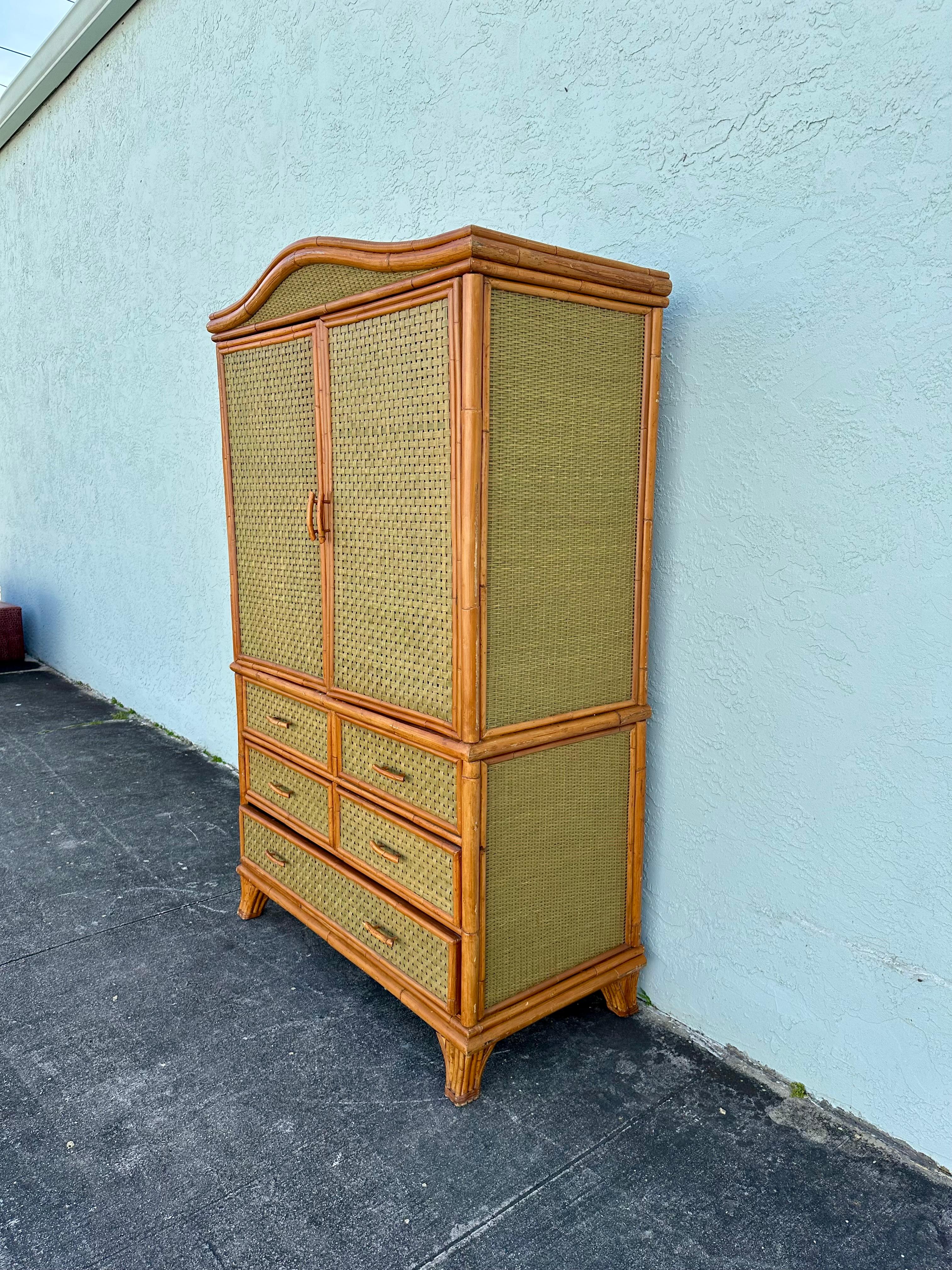 Philippine 1970s Woven Rattan Green Arch Armoire Wardrobe Storage Cabinet For Sale