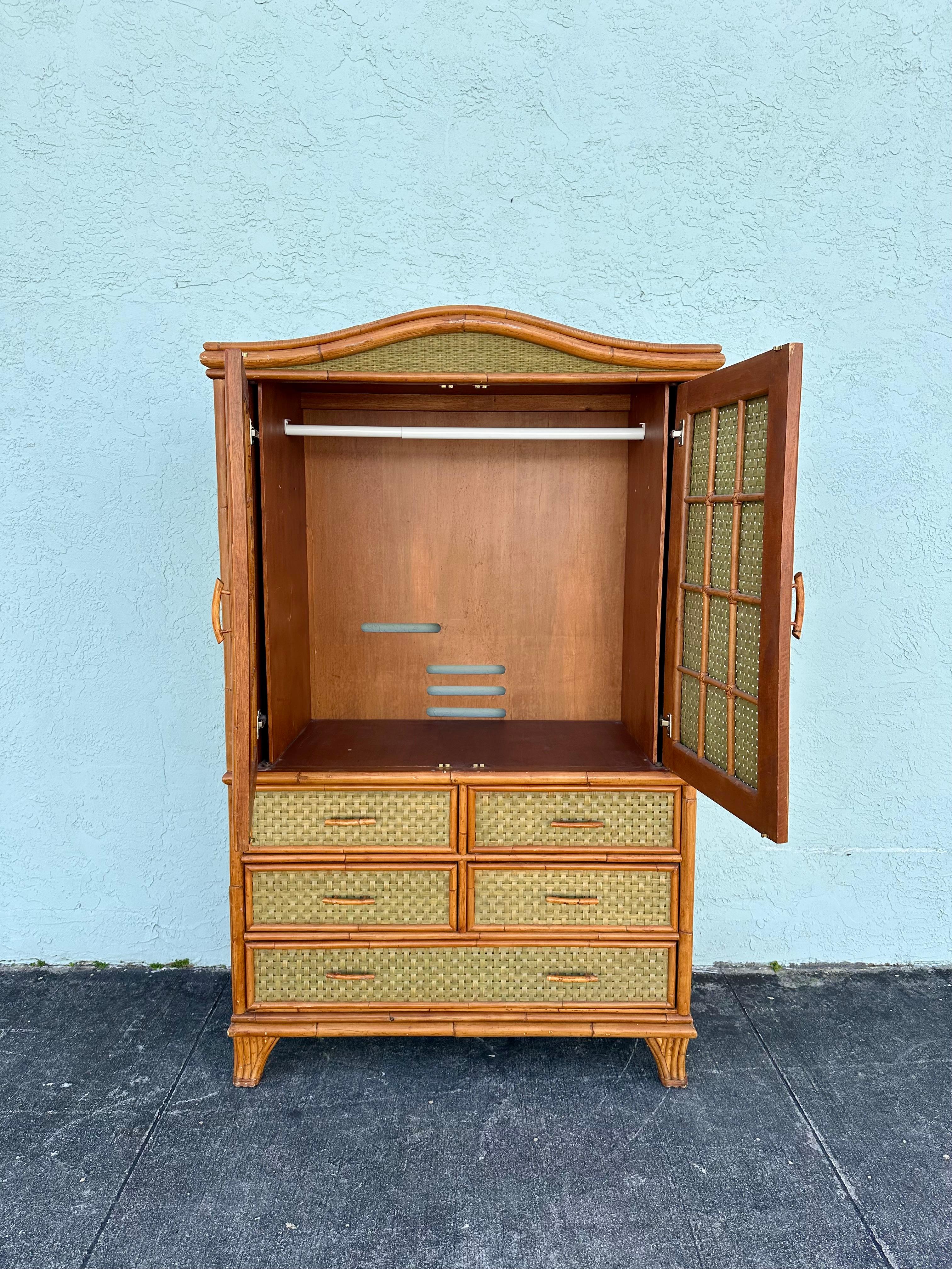 Late 20th Century 1970s Woven Rattan Green Arch Armoire Wardrobe Storage Cabinet For Sale