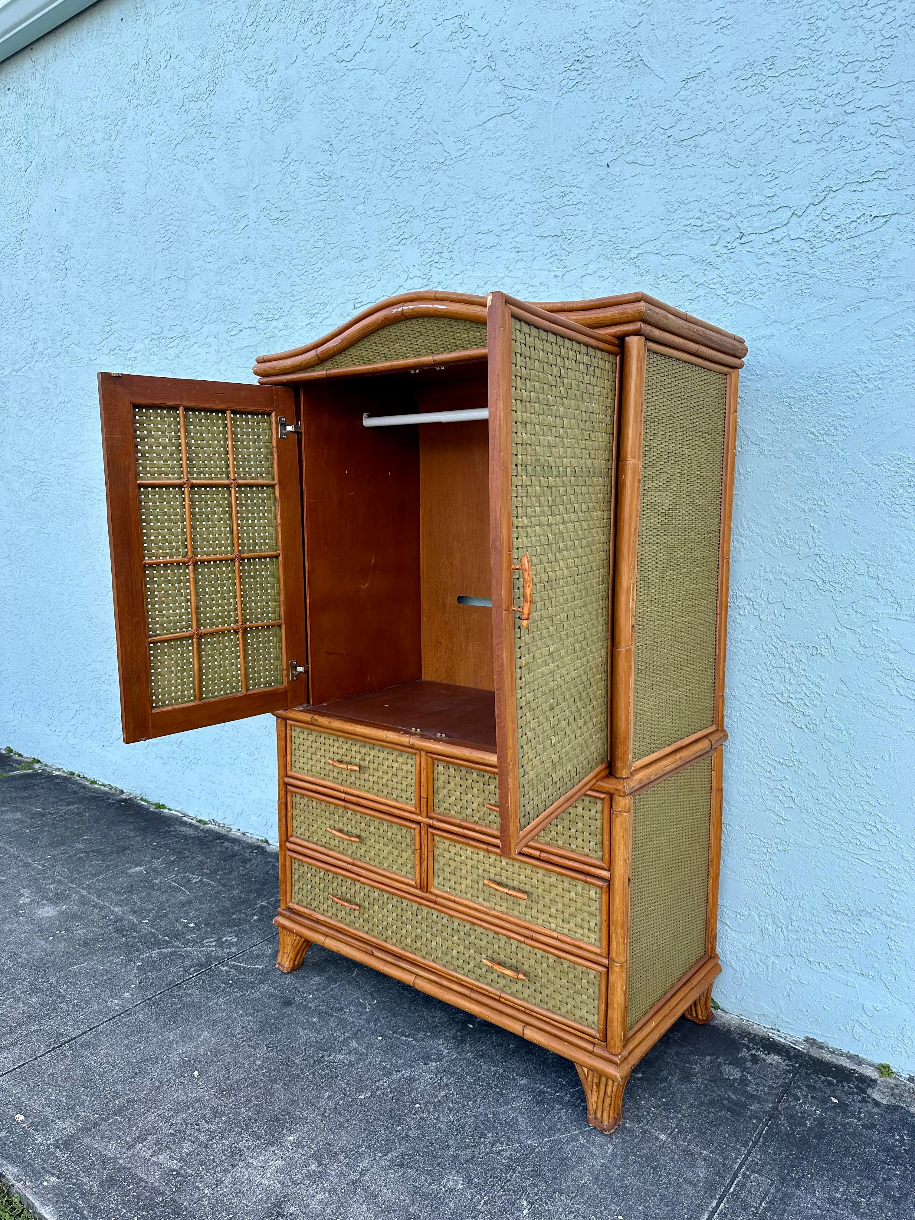 1970s Woven Rattan Green Arch Armoire Wardrobe Storage Cabinet For Sale 1