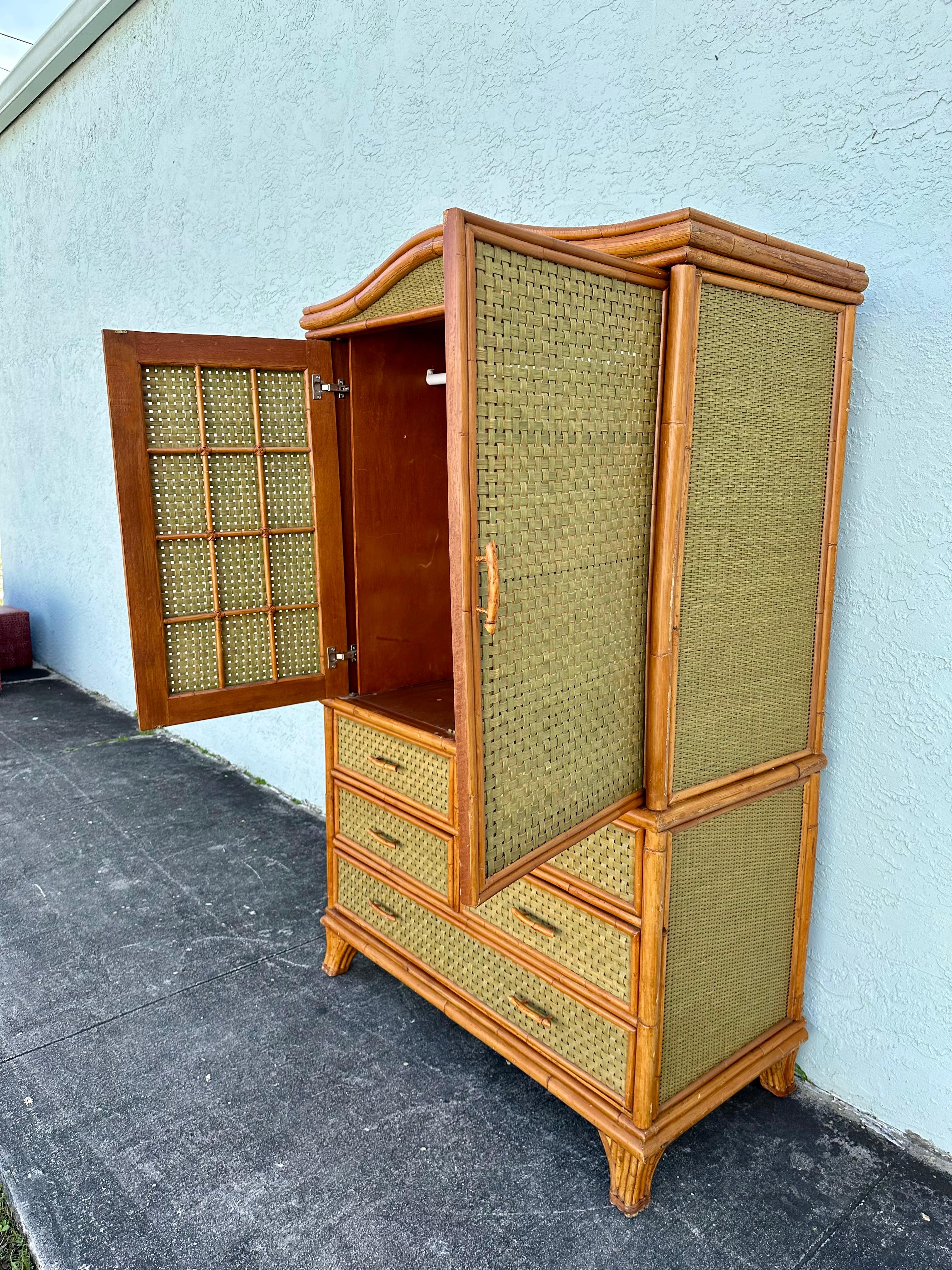 1970s Woven Rattan Green Arch Armoire Wardrobe Storage Cabinet For Sale 2