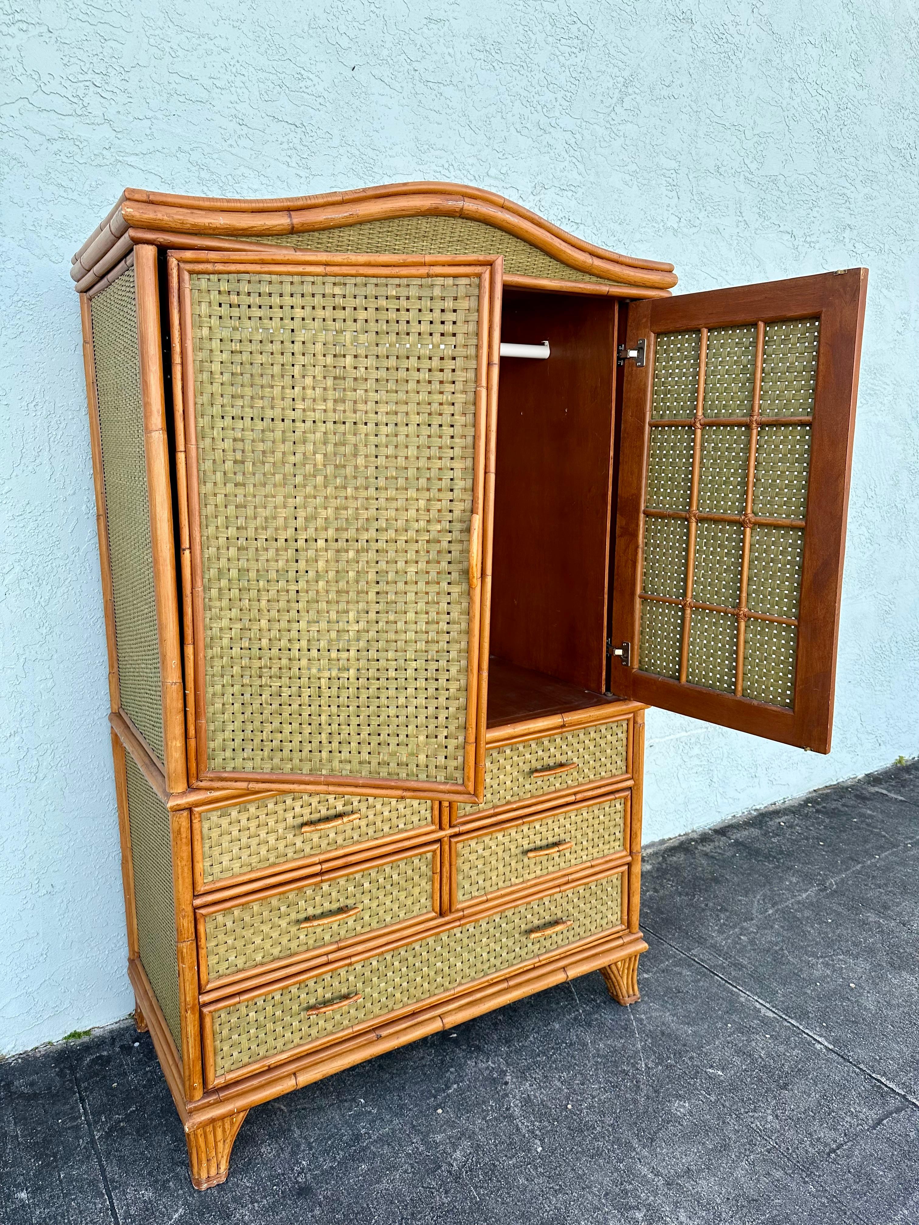 1970s Woven Rattan Green Arch Armoire Wardrobe Storage Cabinet For Sale 3