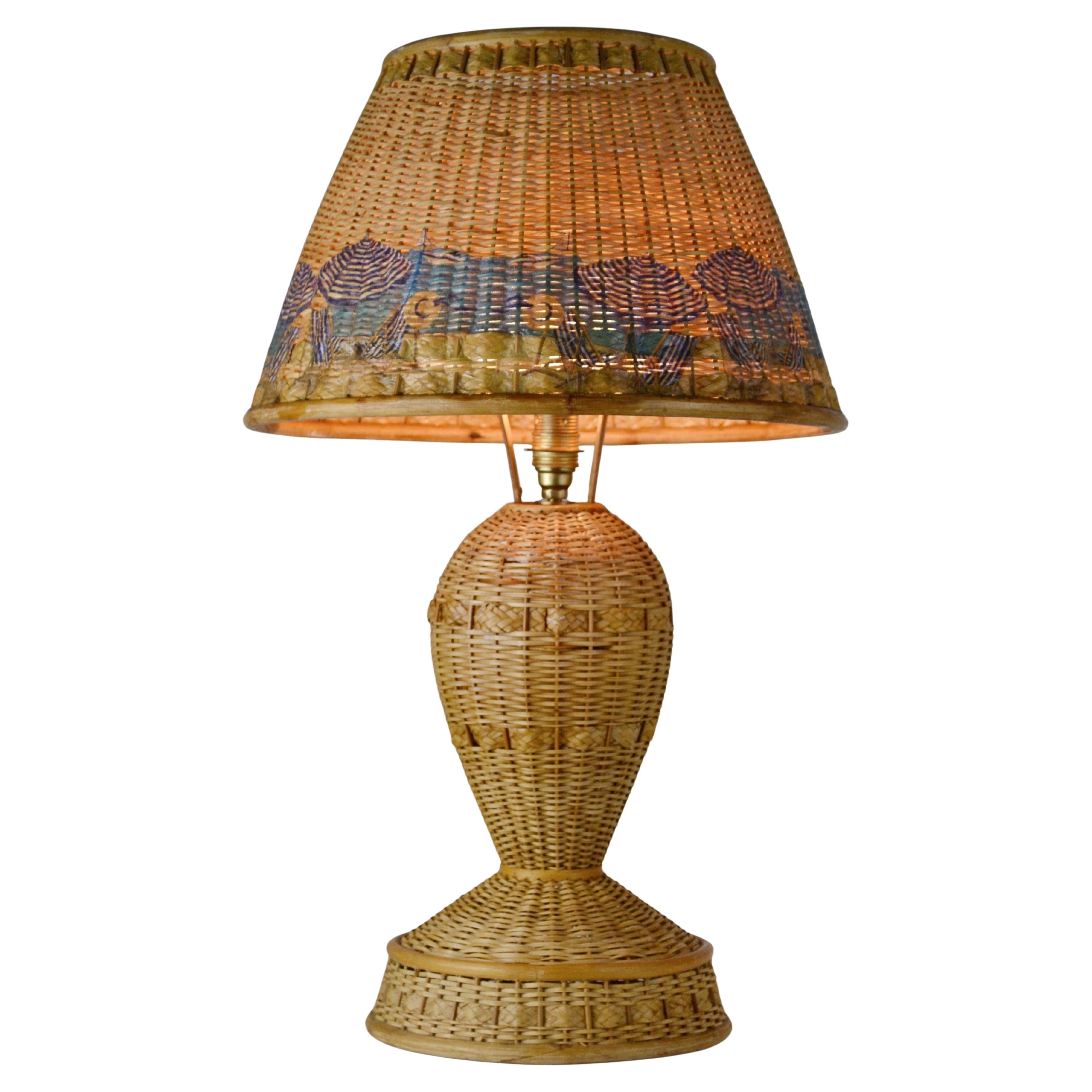 1970s Woven Rattan Table Lamp with Beach Scene Frieze