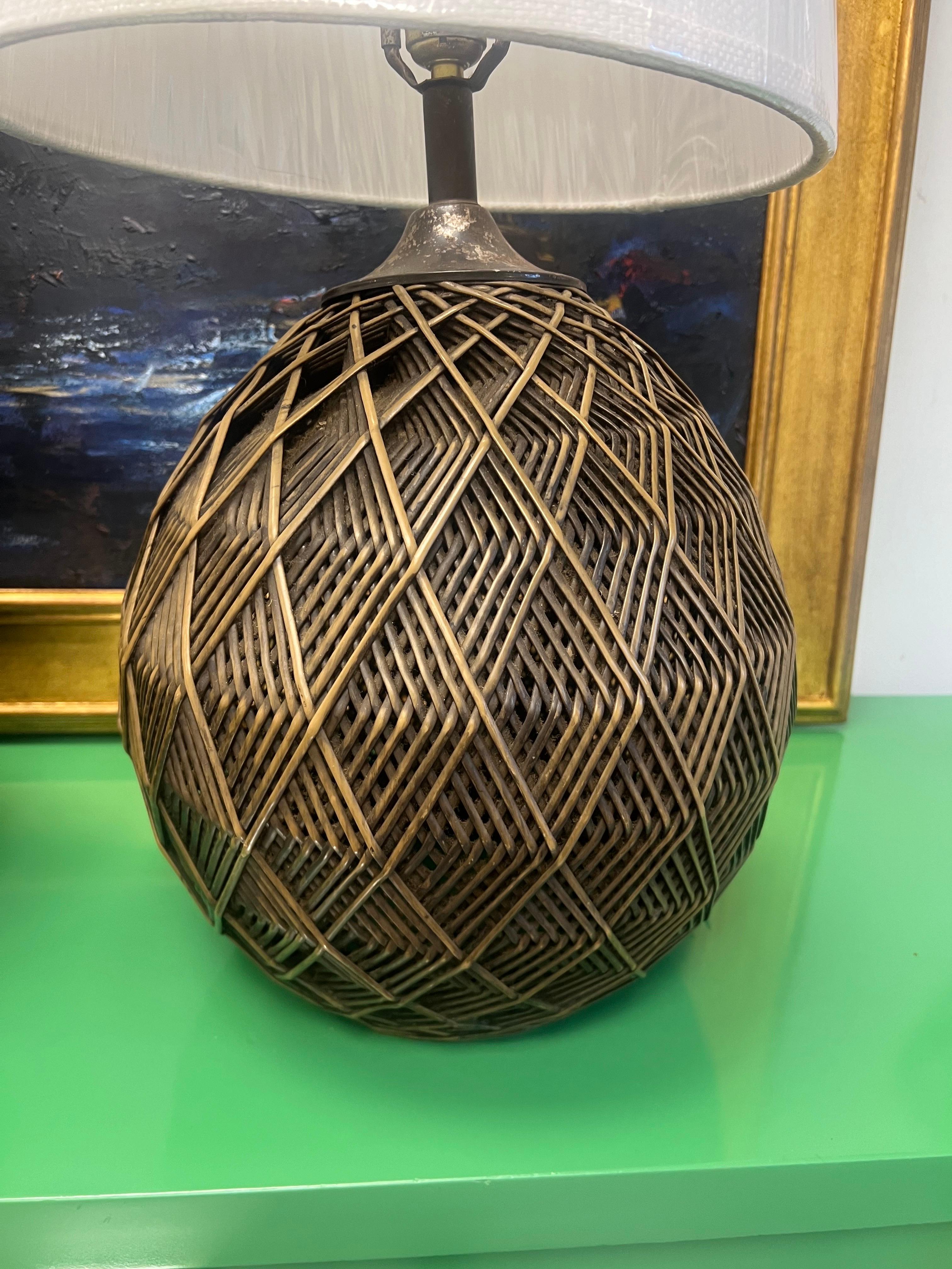 Mid-Century Modern 1970’s Woven Wicker Geometric Table Lamps With Ro Sham Beaux Shades - a Pair For Sale
