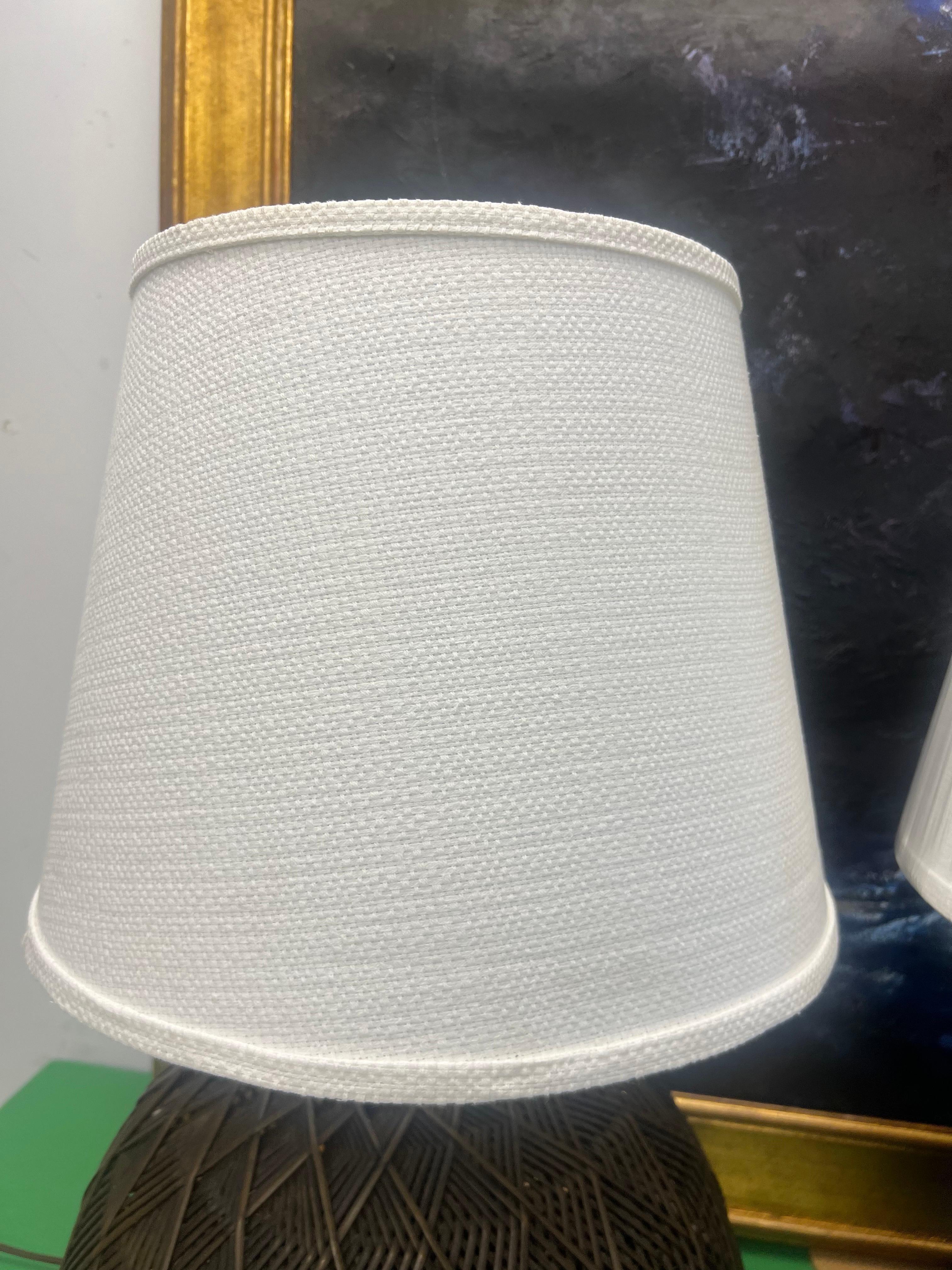 1970’s Woven Wicker Geometric Table Lamps With Ro Sham Beaux Shades - a Pair In Good Condition For Sale In Charleston, SC