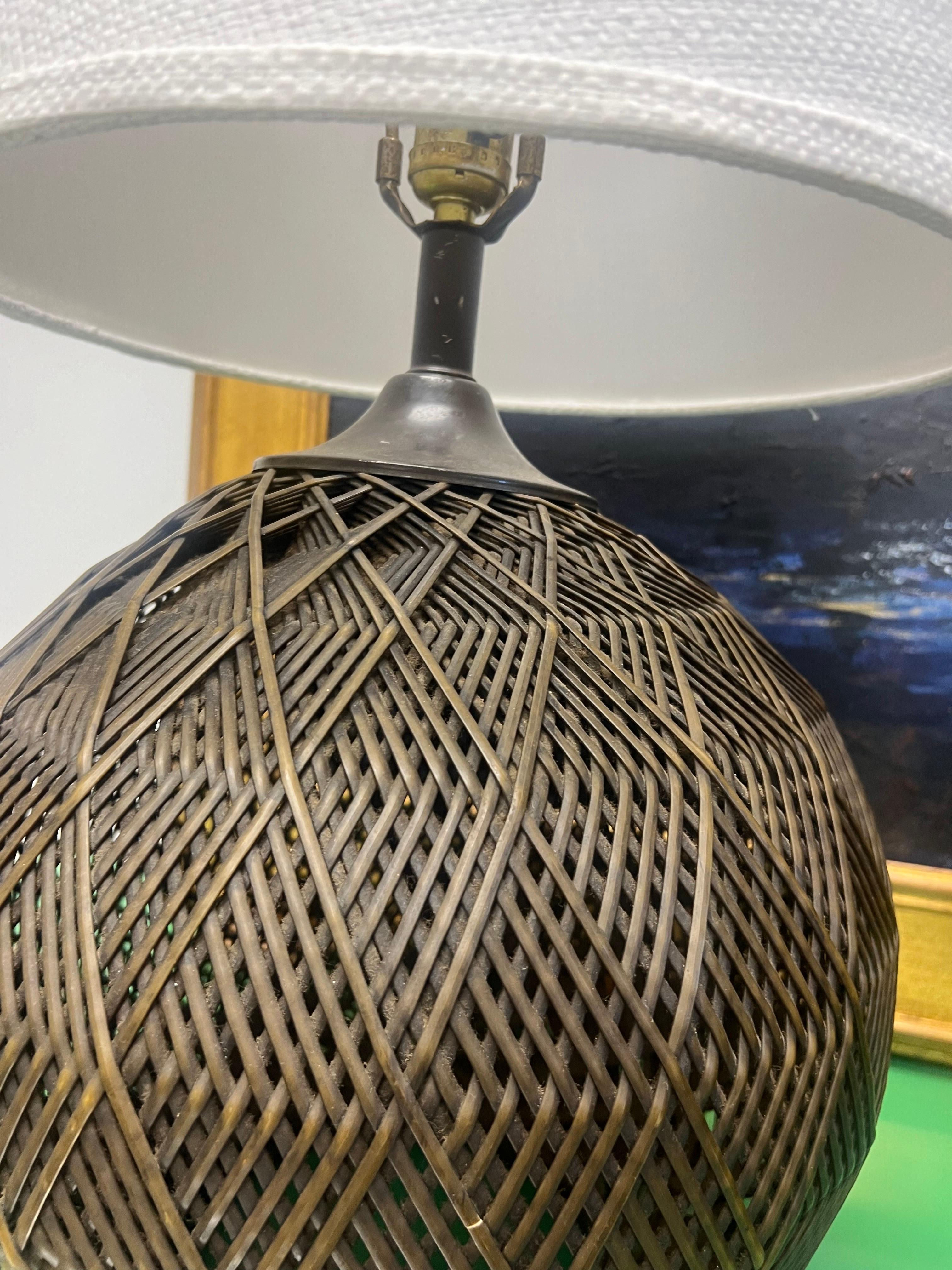 1970’s Woven Wicker Geometric Table Lamps With Ro Sham Beaux Shades - a Pair For Sale 1