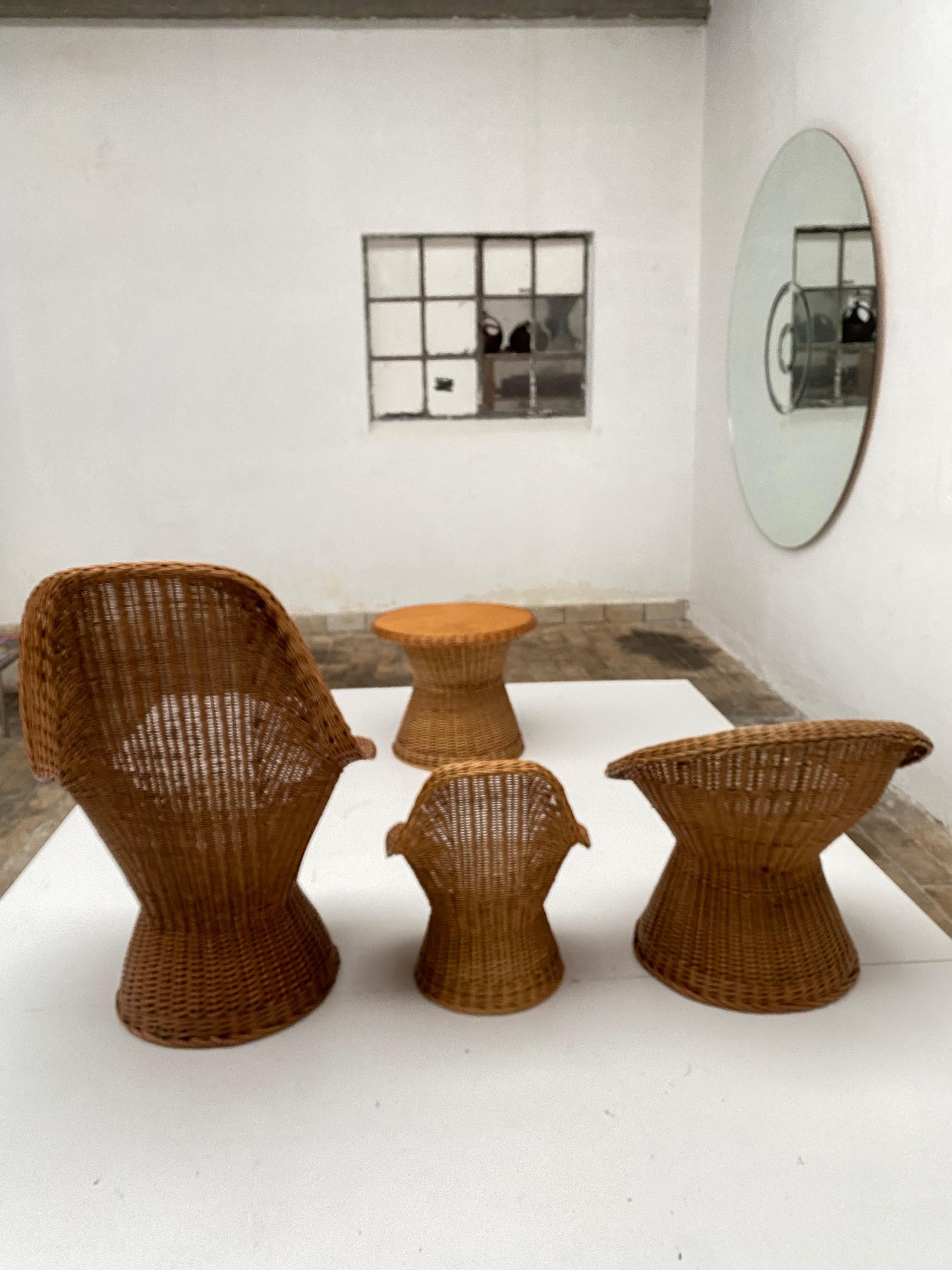 1970's Woven Wicker & Sheepskin Cushion Papa, Mama, Child Lounge Chairs + Table 3