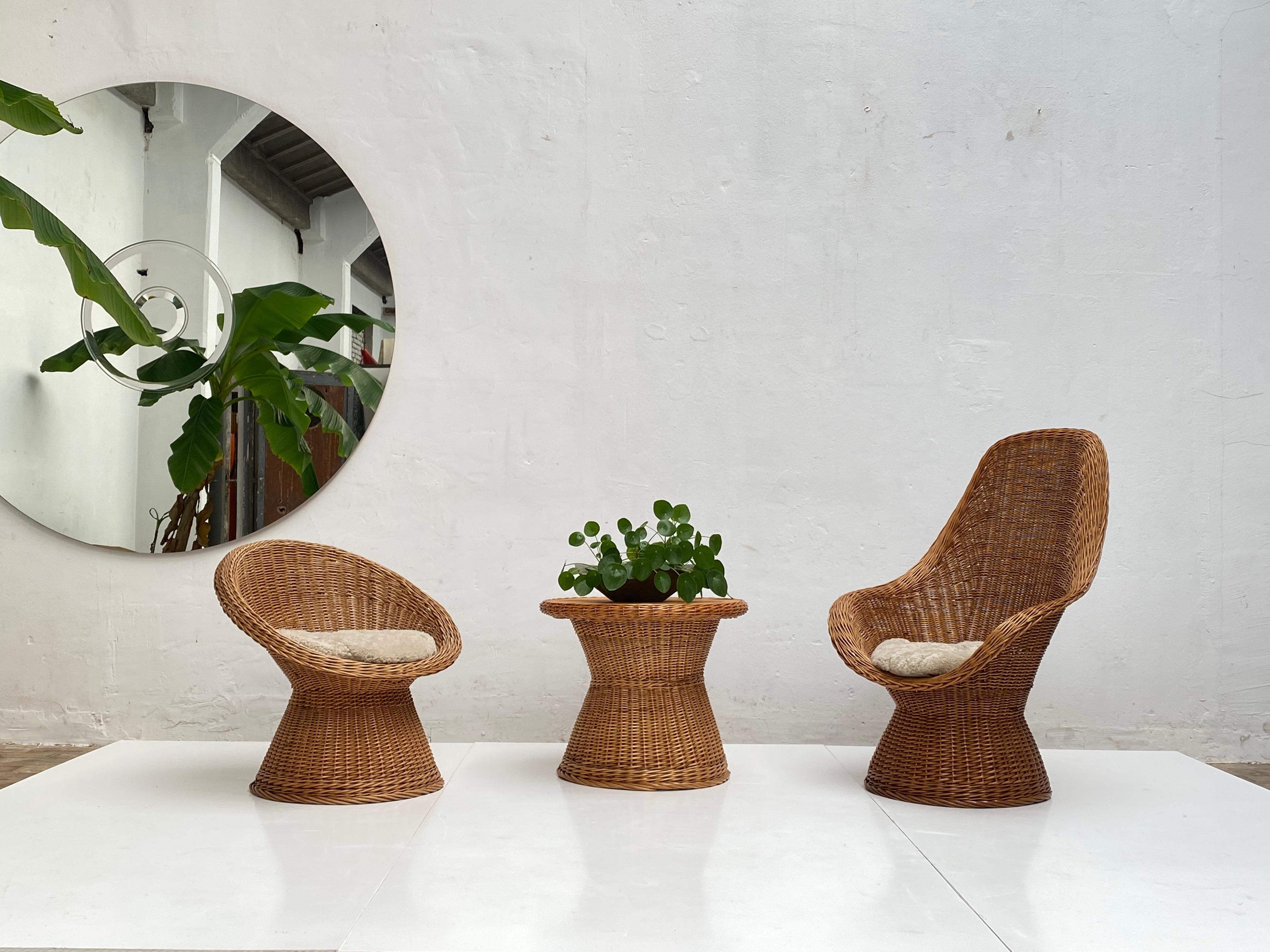 1970's Woven Wicker & Sheepskin Cushion Papa, Mama, Child Lounge Chairs + Table 4