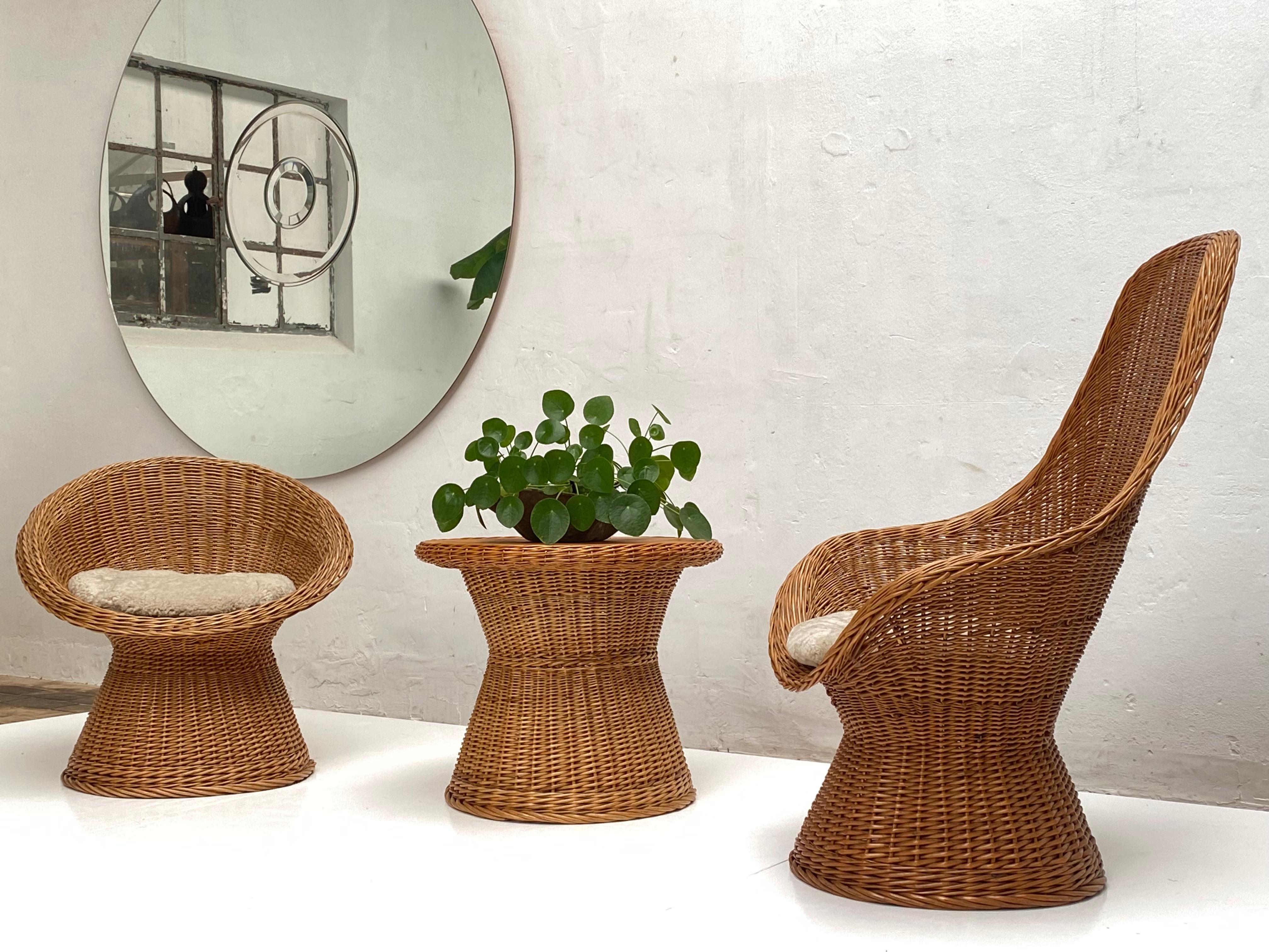 1970's Woven Wicker & Sheepskin Cushion Papa, Mama, Child Lounge Chairs + Table 10