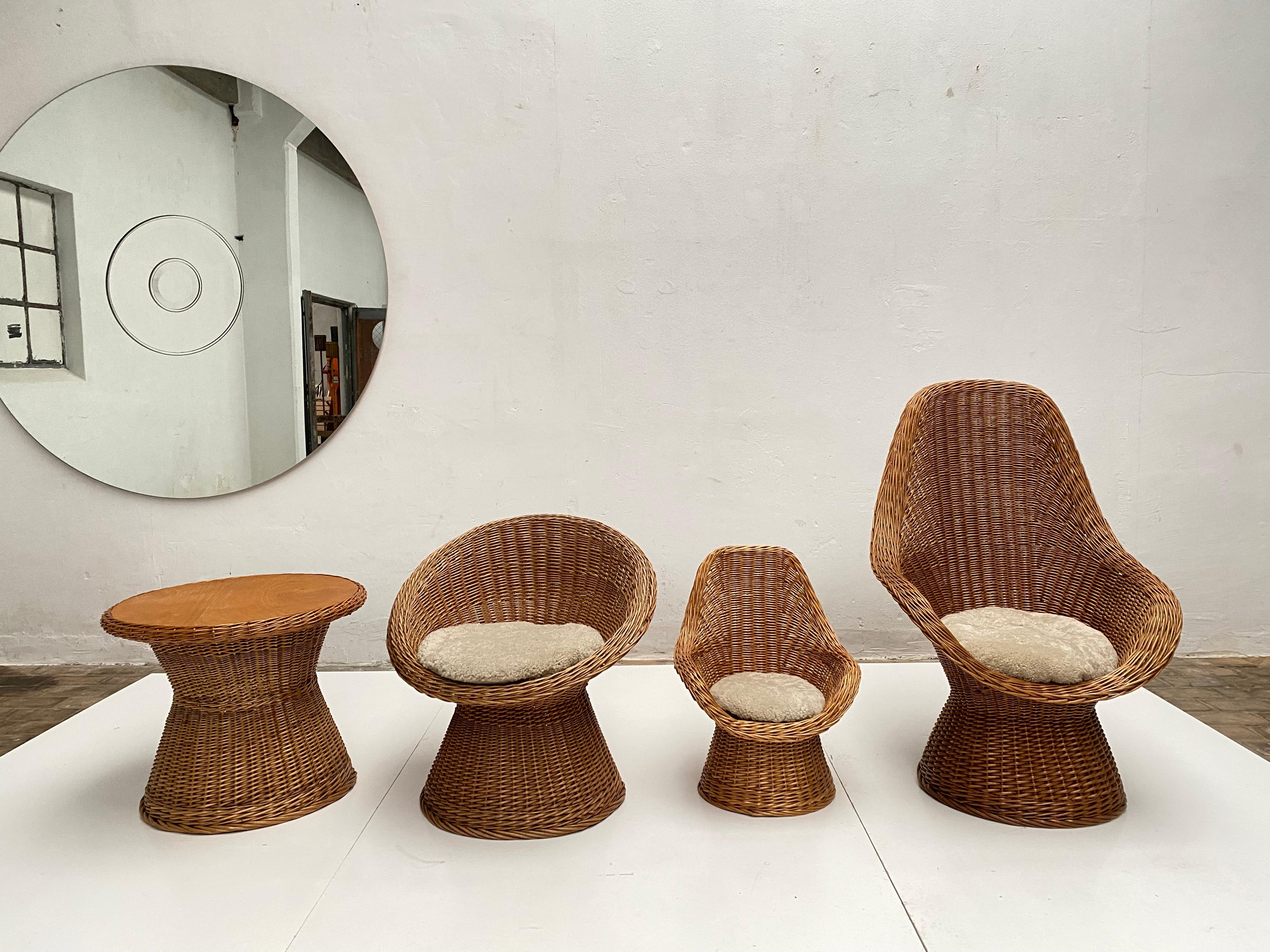 Dutch 1970's Woven Wicker & Sheepskin Cushion Papa, Mama, Child Lounge Chairs + Table 