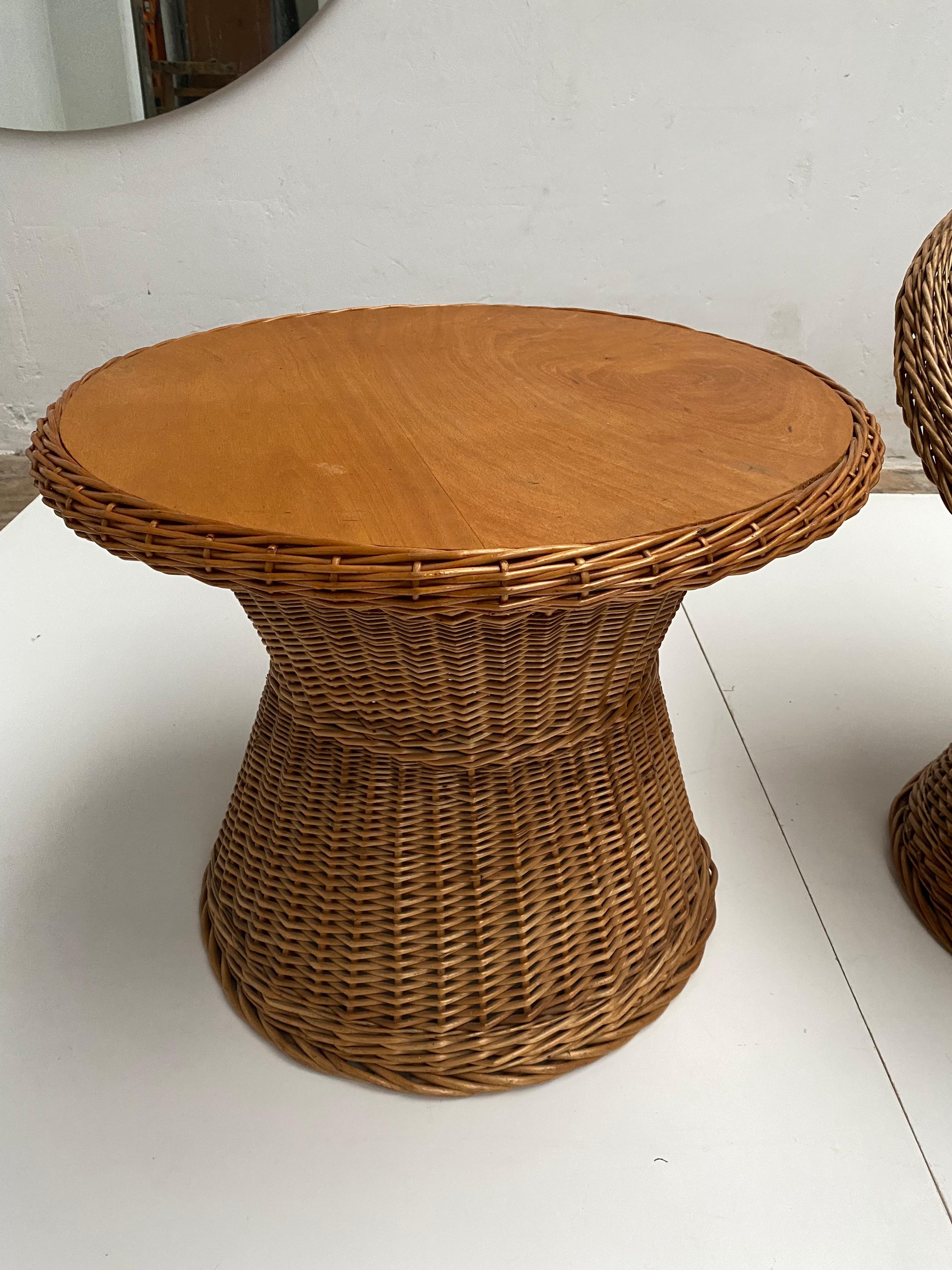 1970's Woven Wicker & Sheepskin Cushion Papa, Mama, Child Lounge Chairs + Table 1