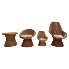 1970's Woven Wicker & Sheepskin Cushion Papa, Mama, Child Lounge Chairs + Table