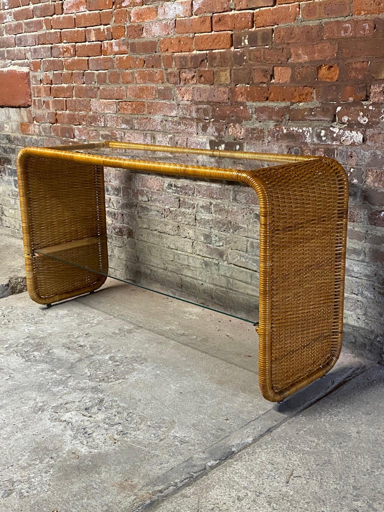 1970s Wrapped Wicker and Glass Sofa Table For Sale 3