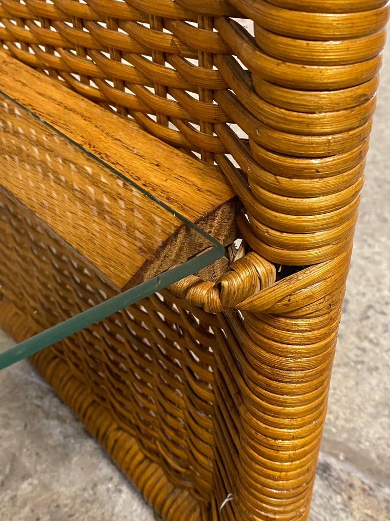 1970s Wrapped Wicker and Glass Sofa Table For Sale 7