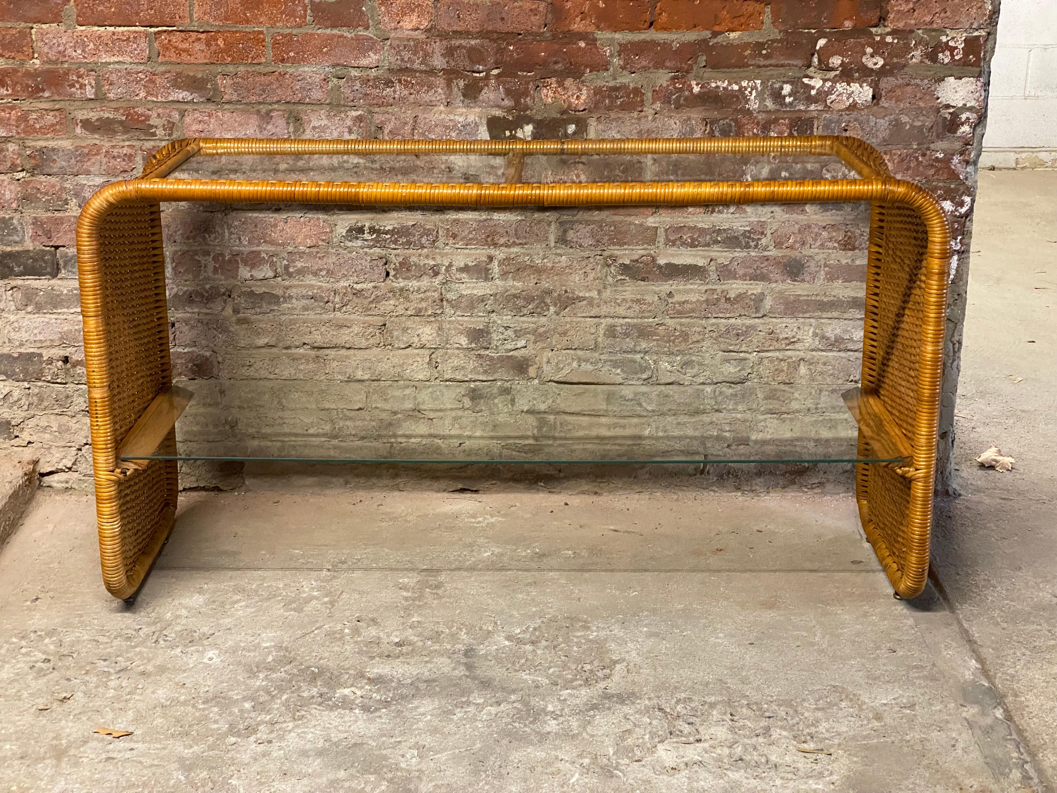 Post-Modern 1970s Wrapped Wicker and Glass Sofa Table