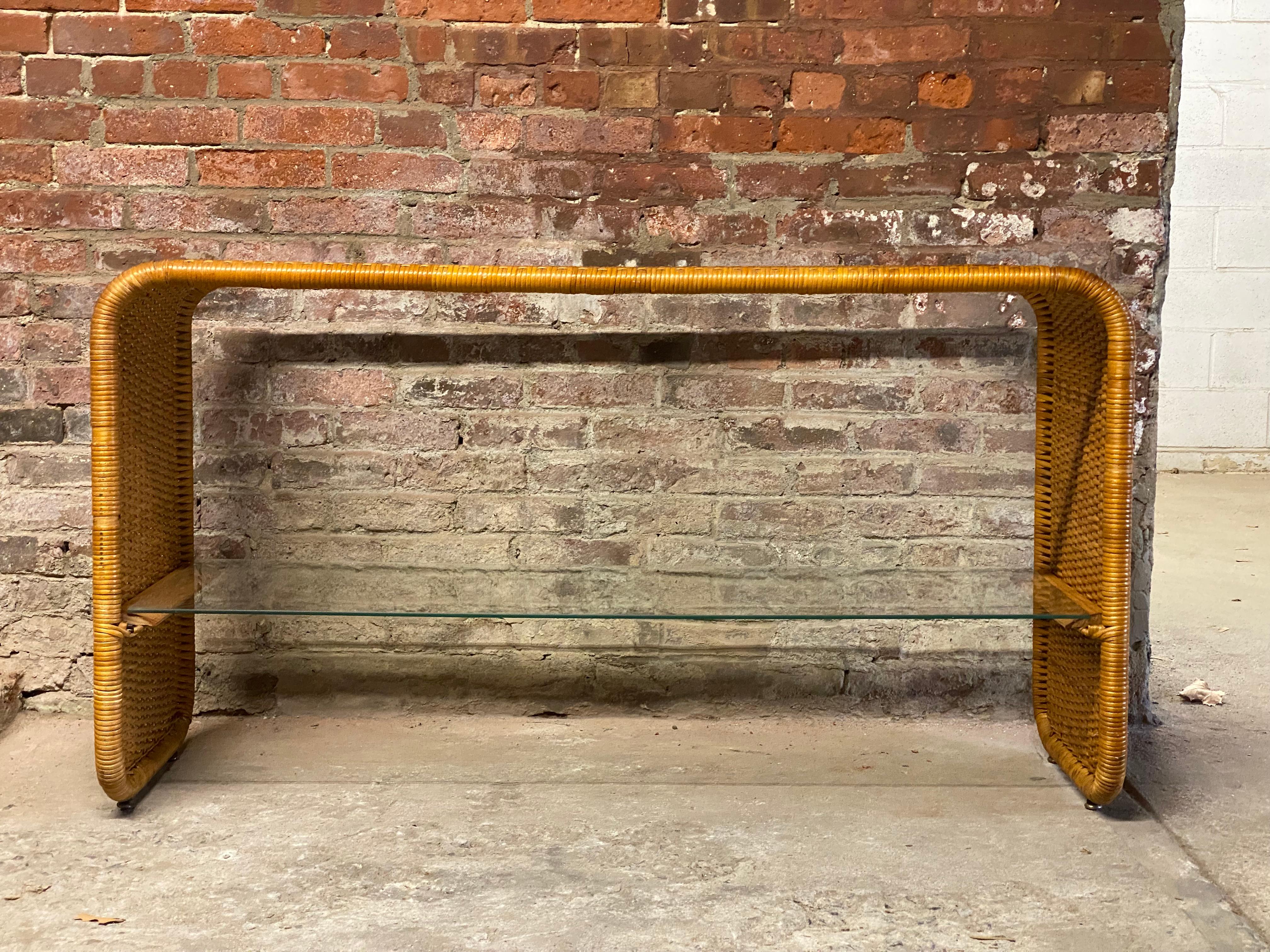 American 1970s Wrapped Wicker and Glass Sofa Table