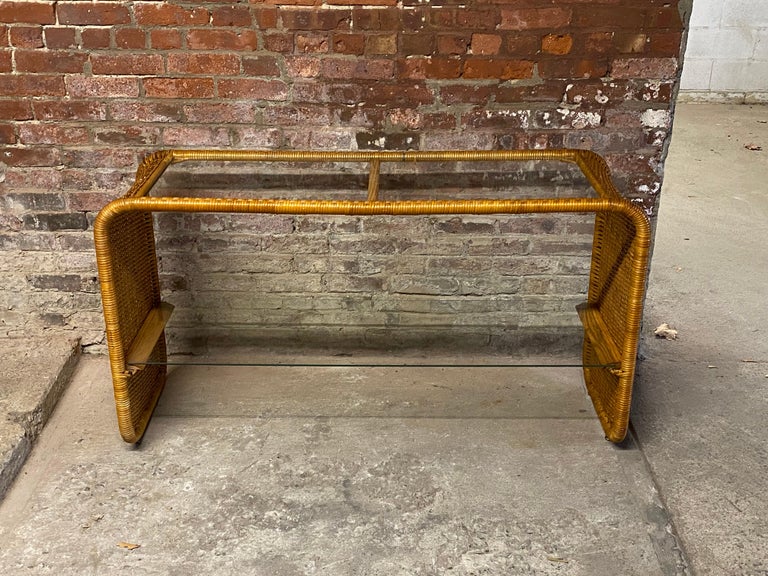 1970s Wrapped Wicker and Glass Sofa Table In Good Condition For Sale In Garnerville, NY