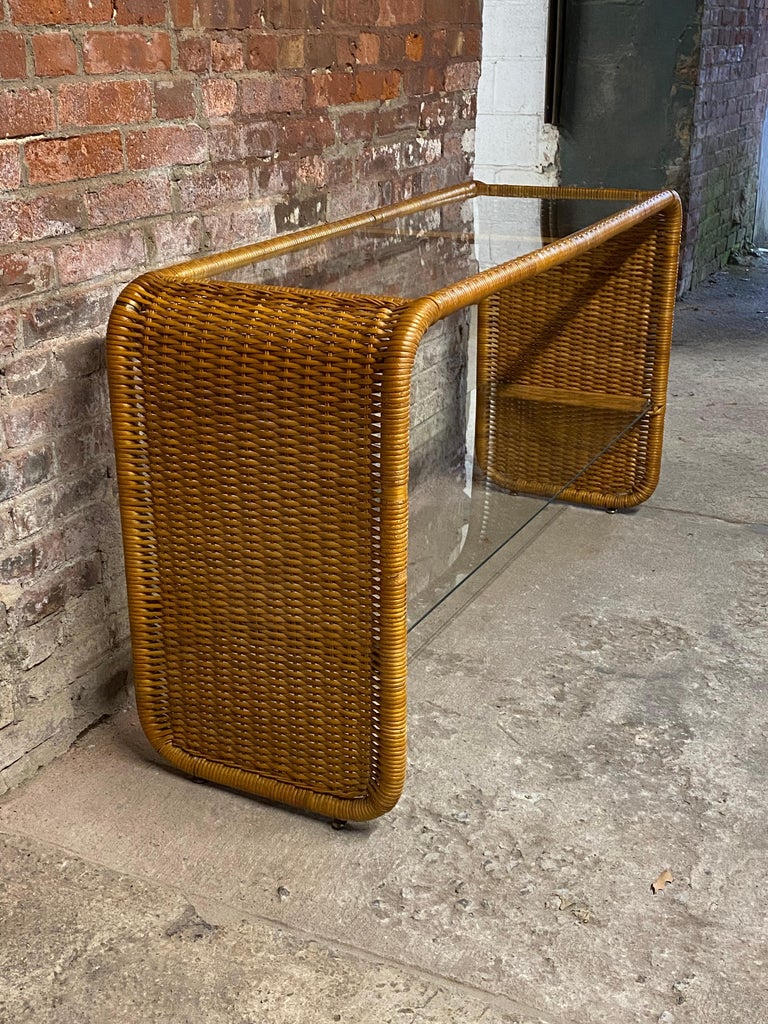 Late 20th Century 1970s Wrapped Wicker and Glass Sofa Table For Sale