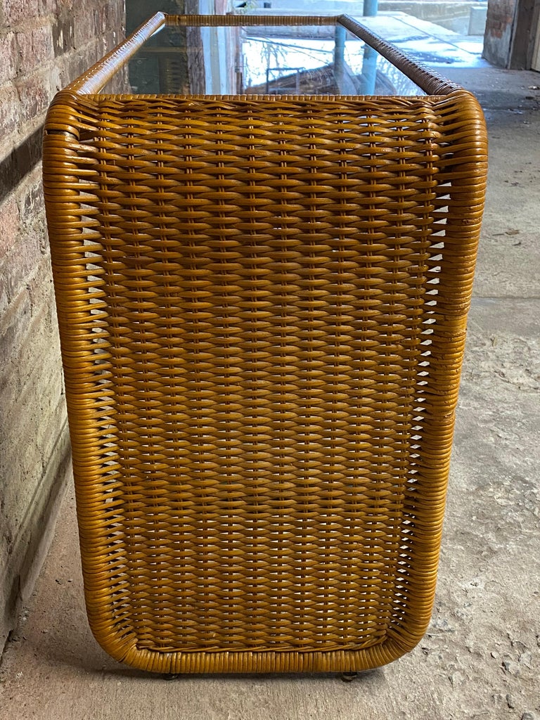 Steel 1970s Wrapped Wicker and Glass Sofa Table For Sale