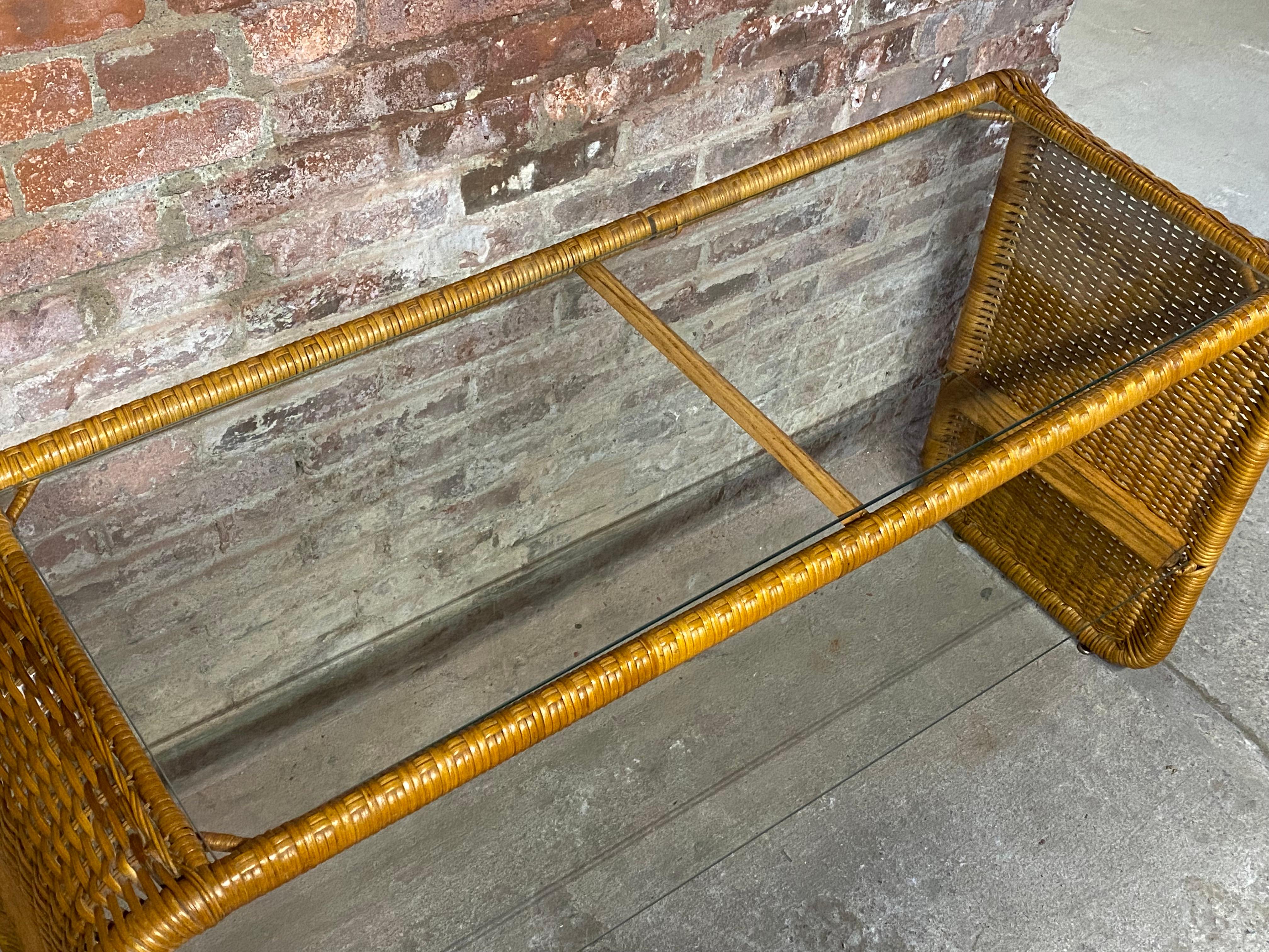 1970s Wrapped Wicker and Glass Sofa Table 1