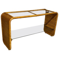 1970s Wrapped Wicker and Glass Sofa Table