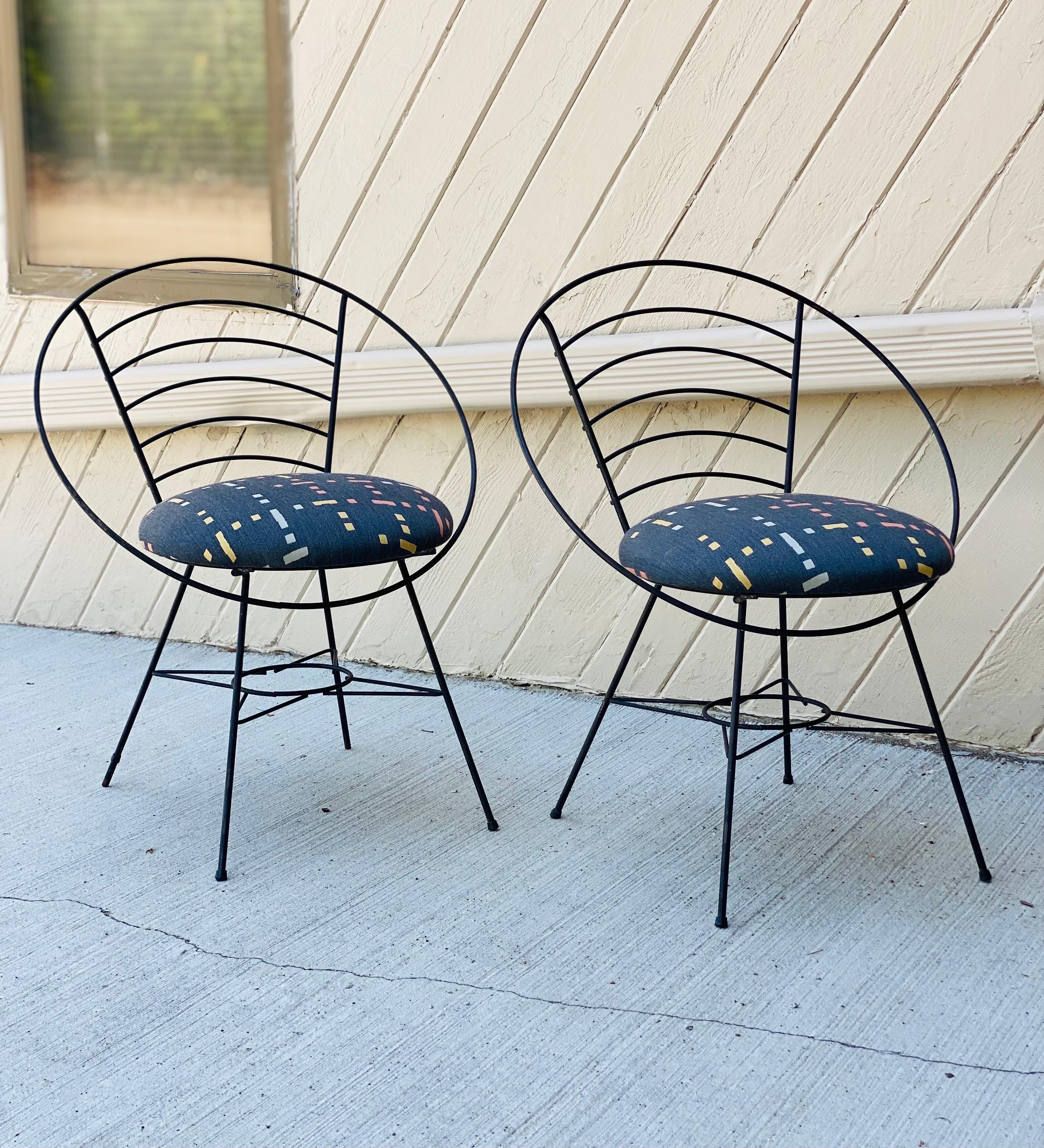 Fabric 1970s Wrought Black Iron Atomic Hoop Chairs, a Pair For Sale