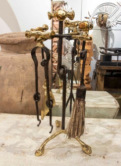 1970s Wrought Iron and Polished Brass Fireplace Set by Artist David Marshall