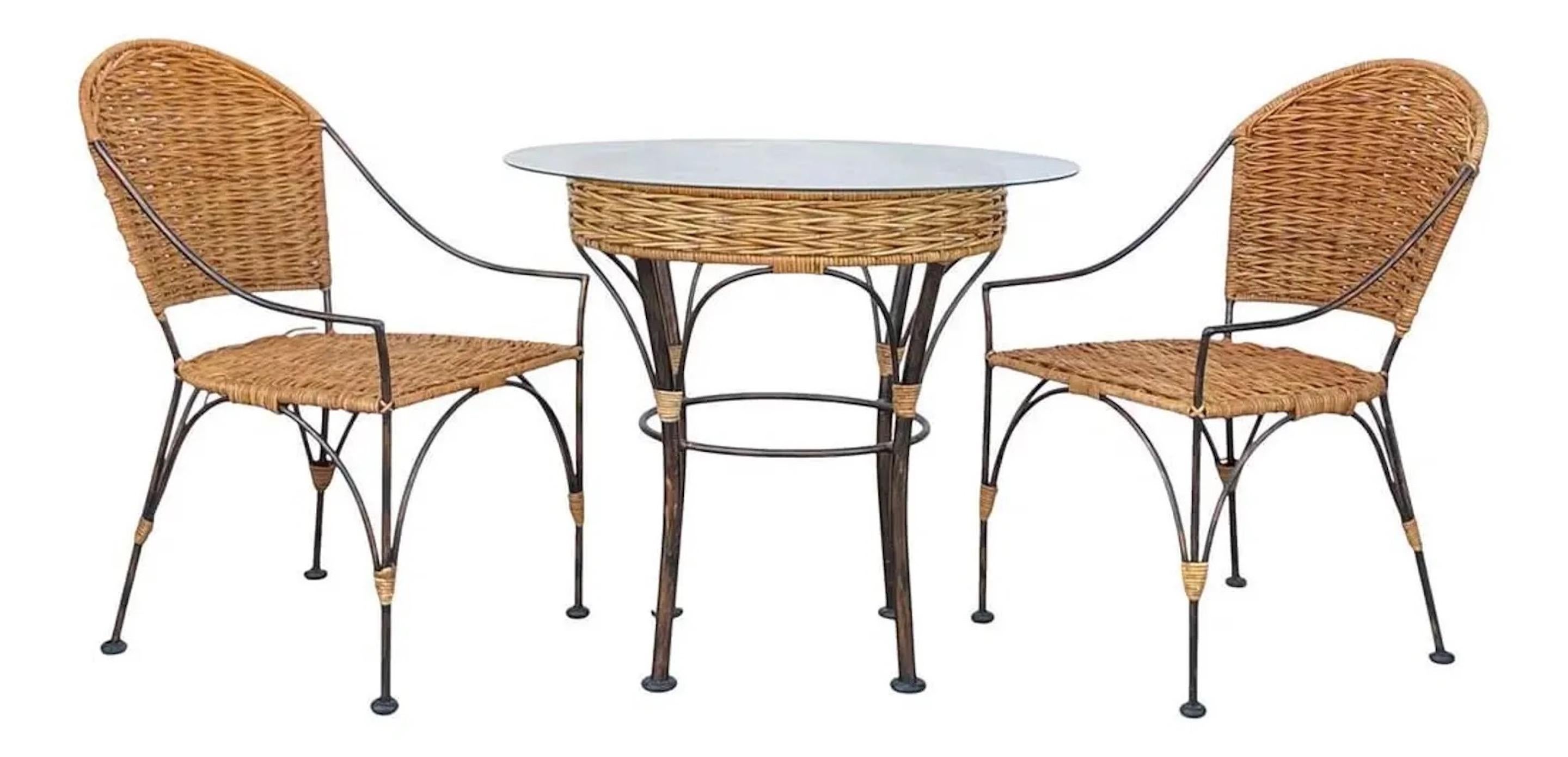 A stunning 5 piece wrought iron and wicker porch set.

Table Dimensions: 34.5 x 28

Chairs Dimensions: 36.5 x 20 x 21

