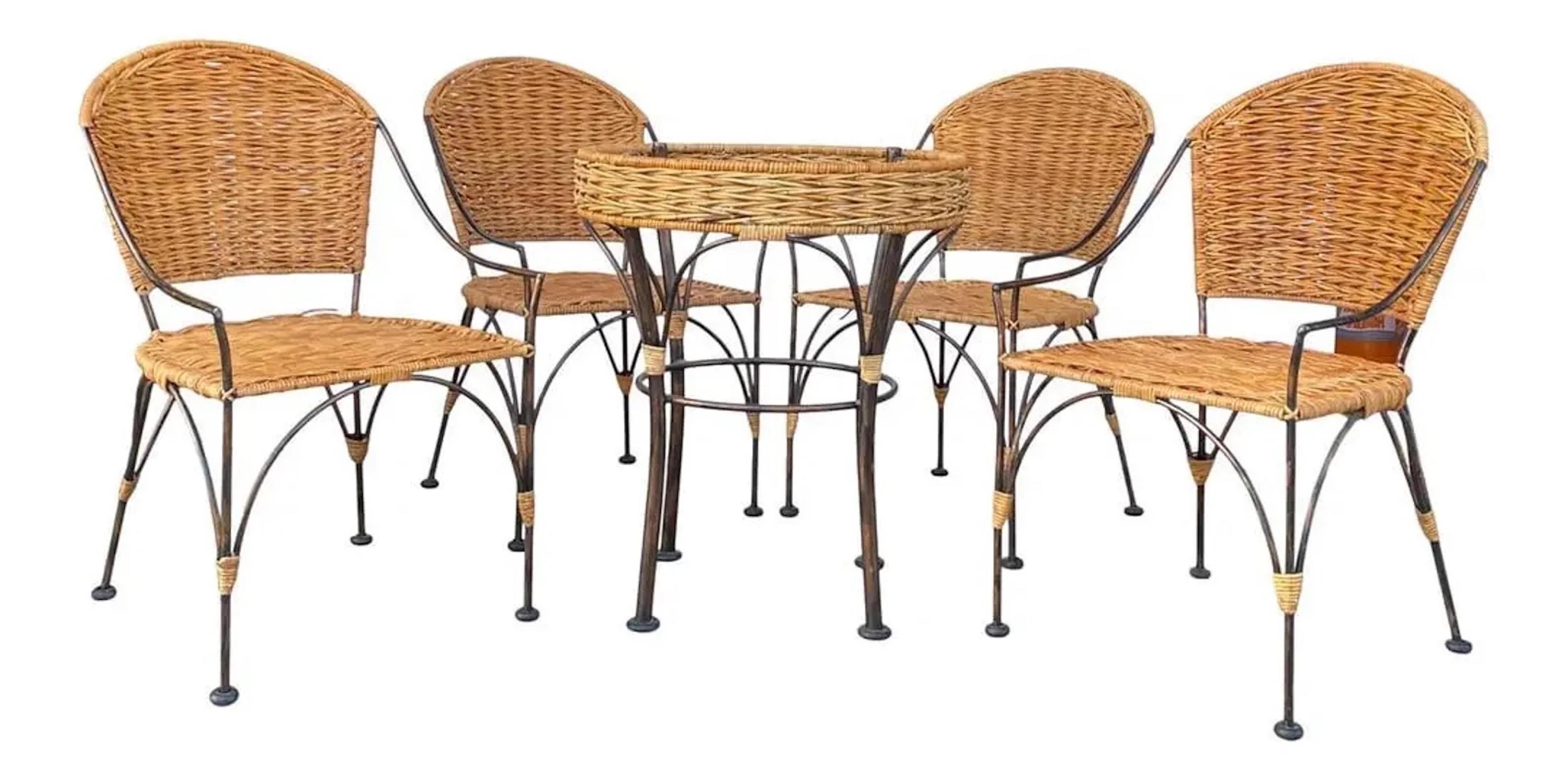 Bohemian 1970s Wrought Iron and Woven Wicker Porch Patio Set For Sale