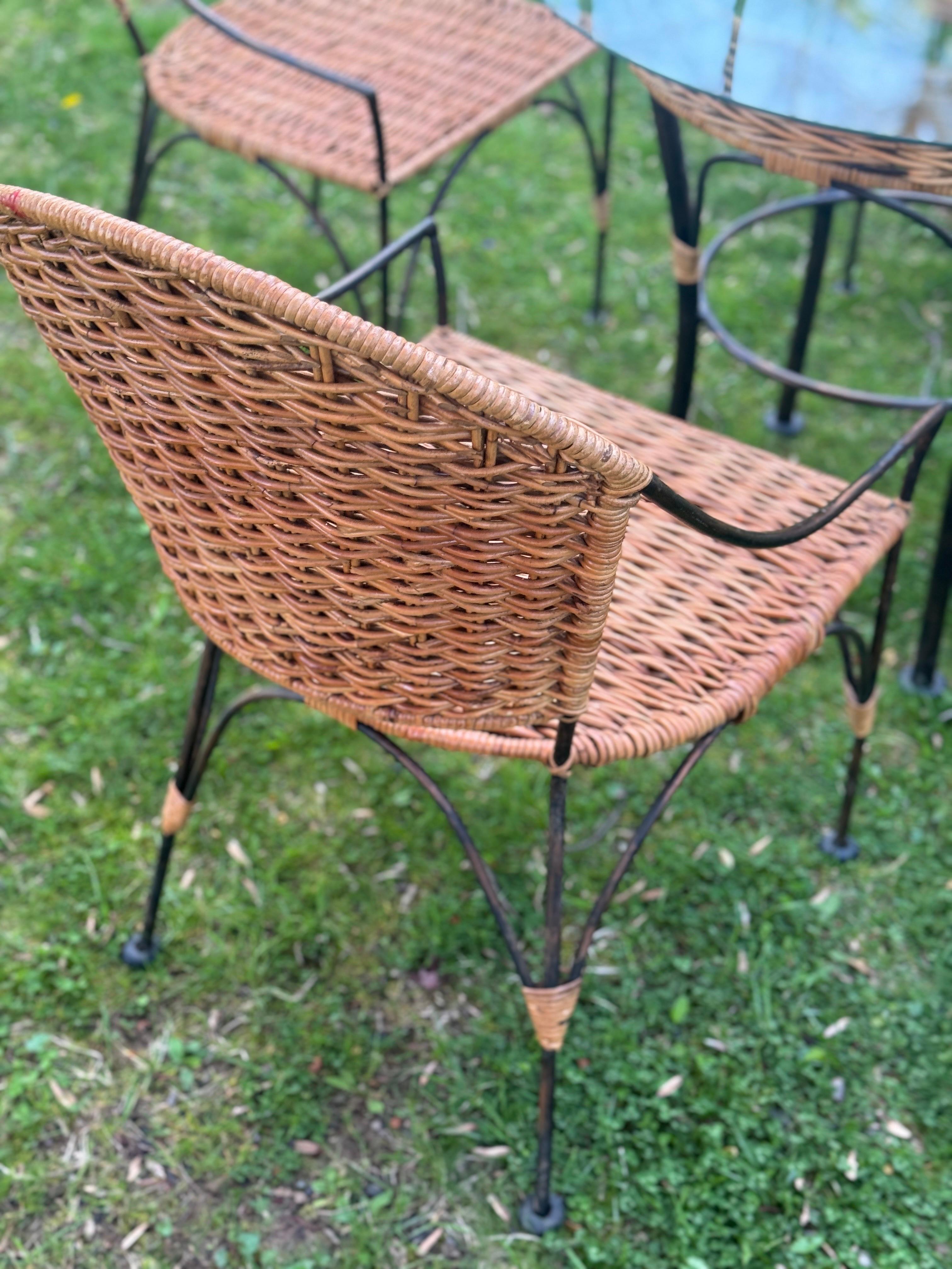 Bohemian 1970s Wrought Iron and Woven Wicker Porch Patio Set For Sale