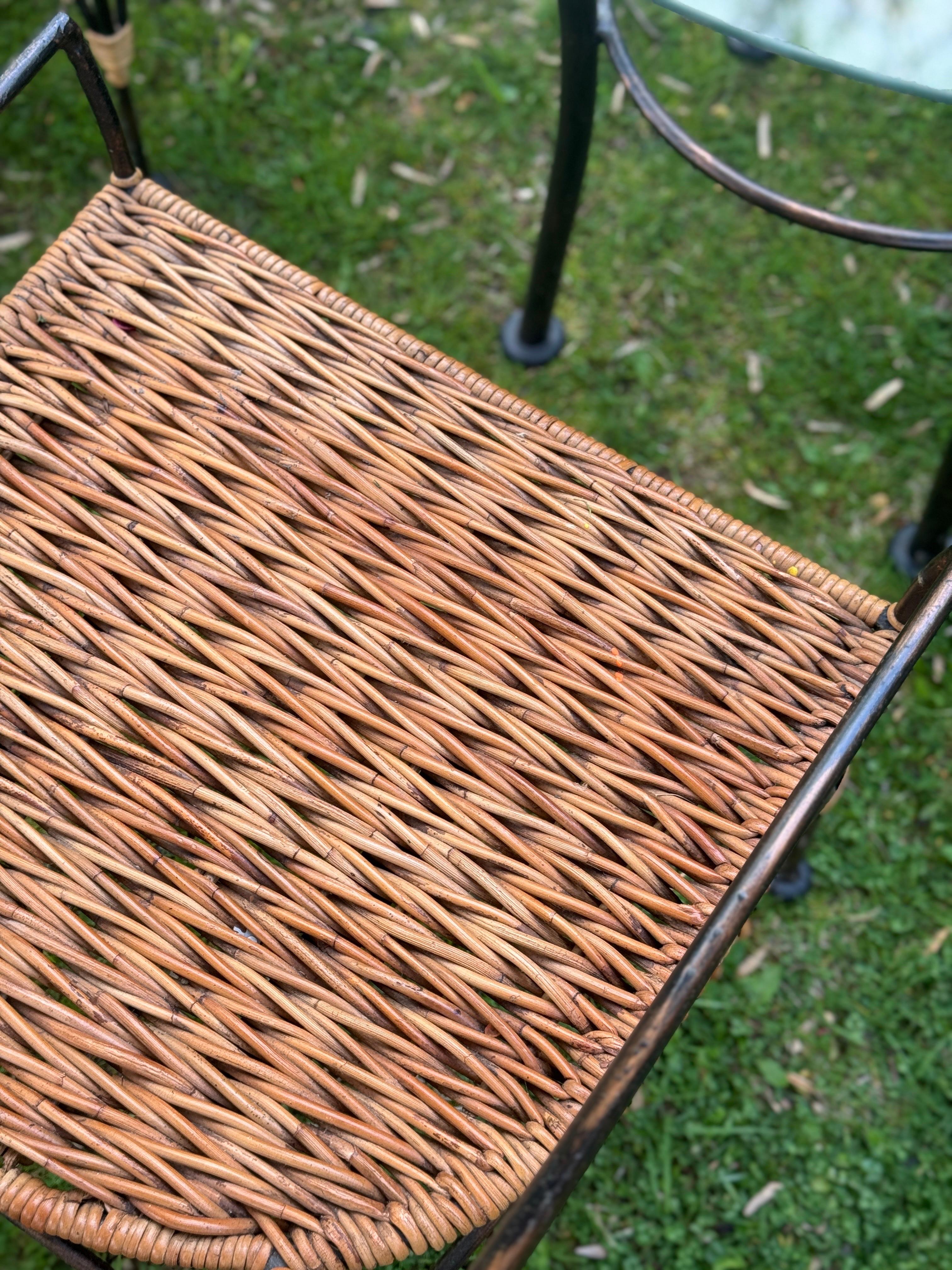 Glass 1970s Wrought Iron and Woven Wicker Porch Patio Set For Sale