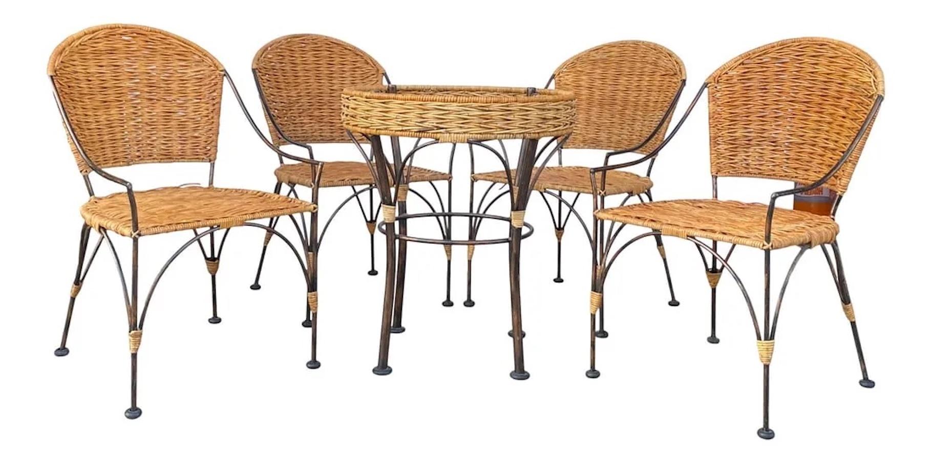 1970s Wrought Iron and Woven Wicker Porch Patio Set