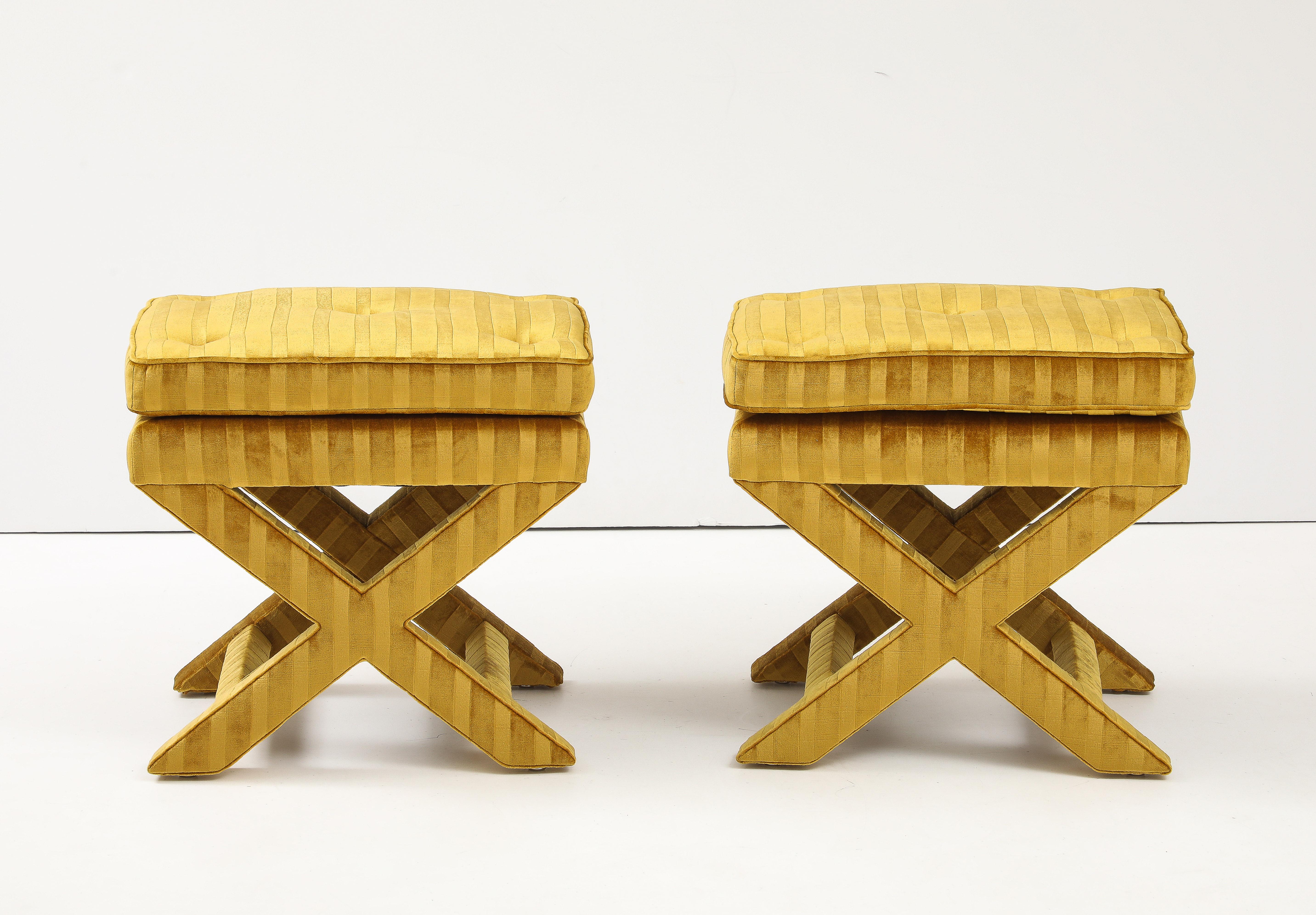 1970's X Base Ottomans In Velvet Upholstery Attributed To Milo Baughman For Sale 4