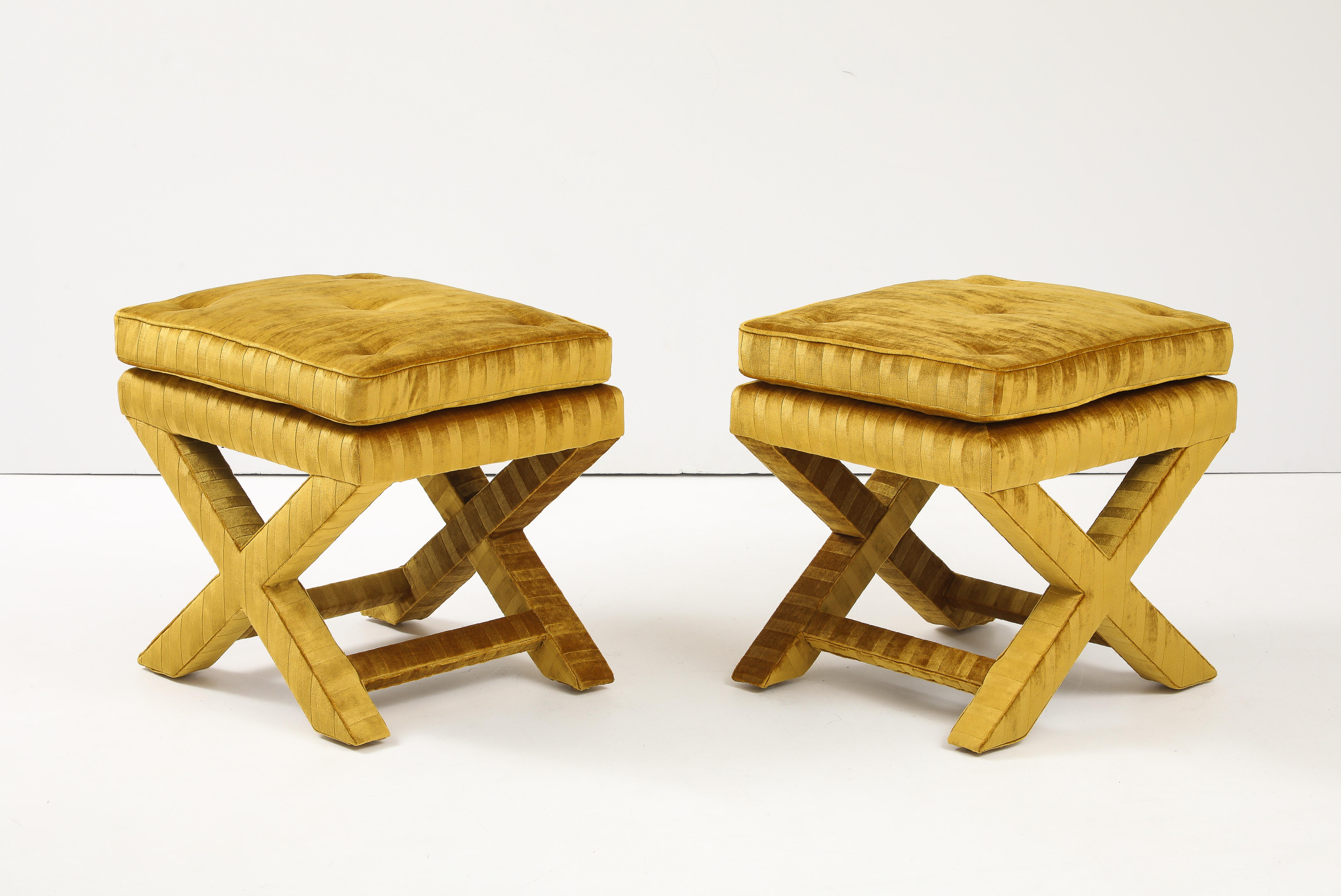 1970's X Base Ottomans In Velvet Upholstery Attributed To Milo Baughman For Sale 5