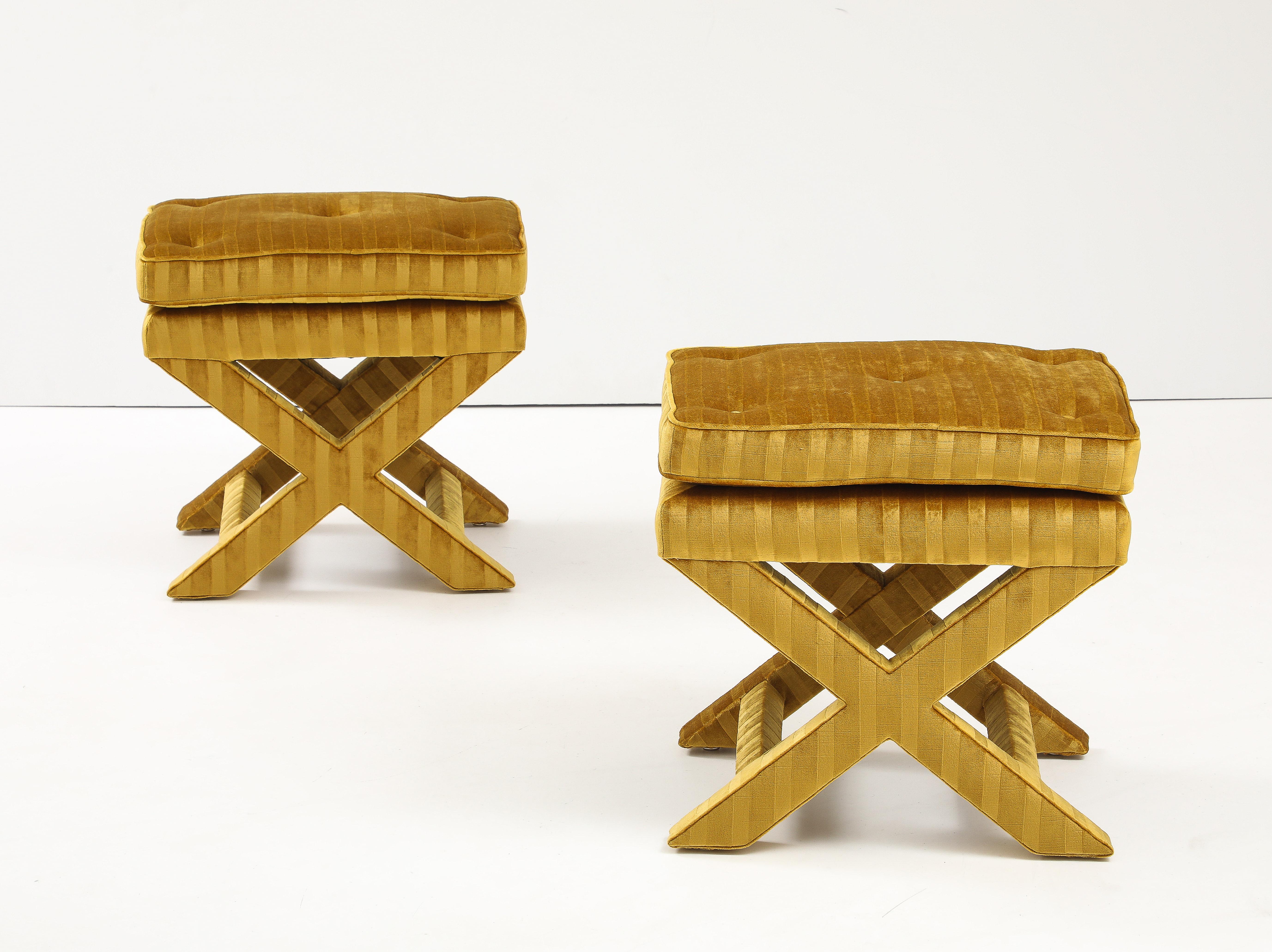 Amazing pair of 1970's modern X base ottomans attributed to Milo Baughman, fully restored and re-upholstered in velvet, the ottomans are well made and heavy, with minor wear and patina due to age and use.  