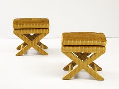1970's X Base Ottomans In Velvet Upholstery Attributed To Milo Baughman