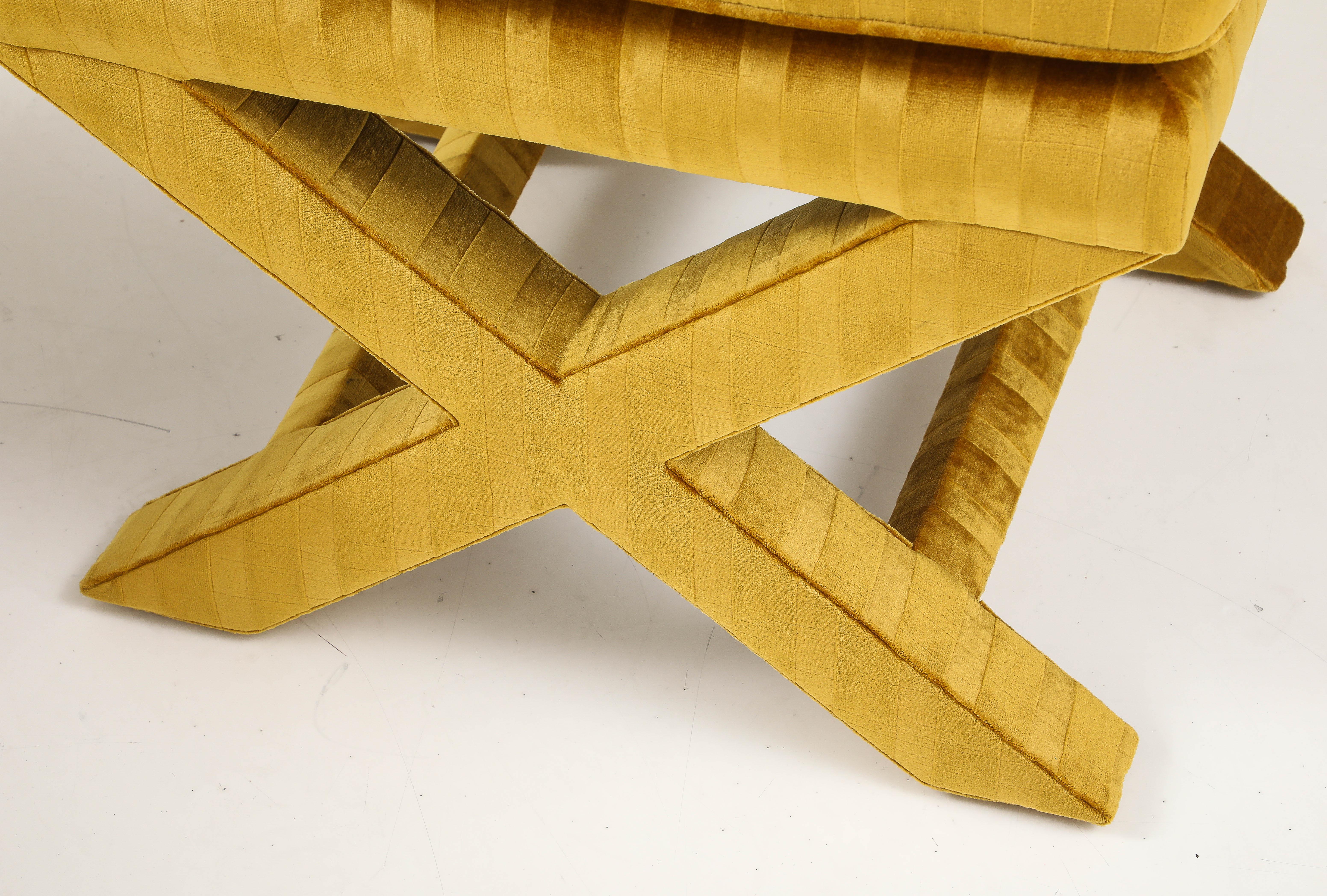 Mid-Century Modern 1970's X Base Ottomans In Velvet Upholstery Attributed To Milo Baughman For Sale