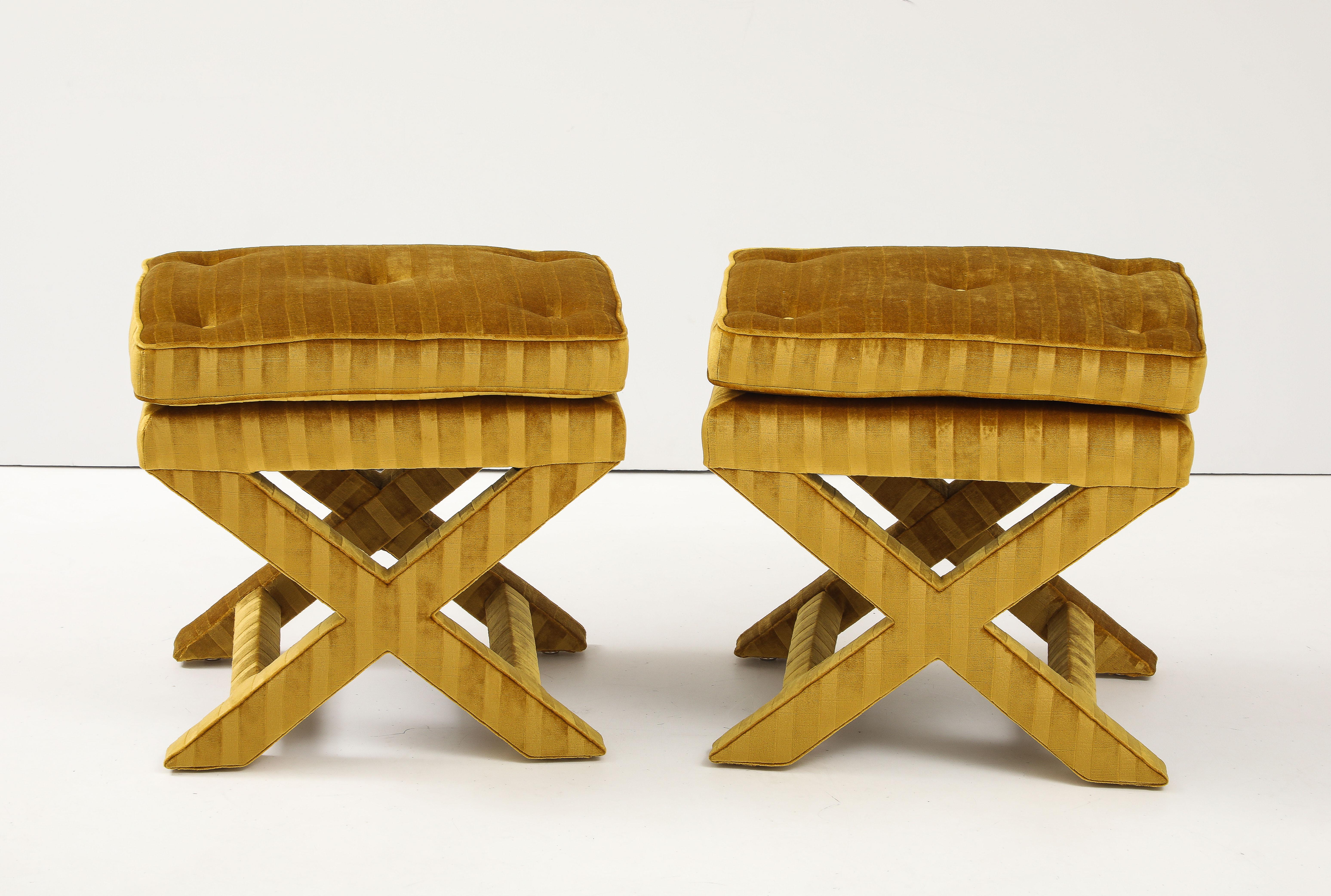 1970's X Base Ottomans In Velvet Upholstery Attributed To Milo Baughman In Good Condition For Sale In New York, NY